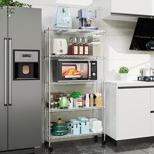 Miniatura 2 de Estantería de alambre NSF de 5 niveles, 14 x 30 x 60 pulgadas, capacidad de 750 libras, estante de metal de almacenamiento ajustable con ruedaspatas