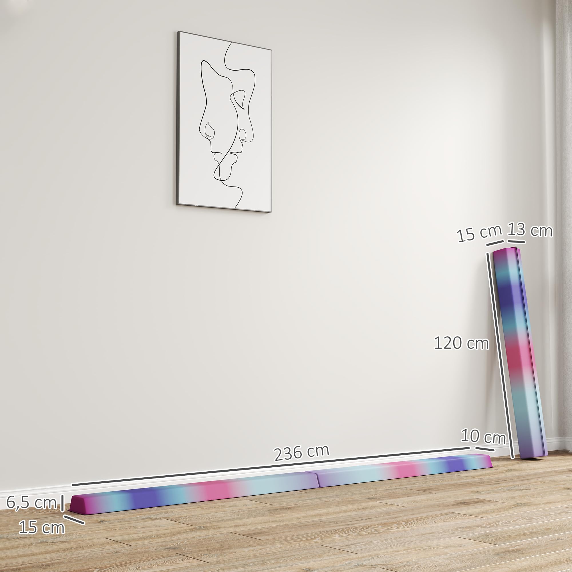 SPORTNOW Barra de Equilibrio Gimnasia Plegable 236 cm, Barra de Gimnasia Artística con Base Antideslizante, Viga de Equilibrio para Niños, Principiantes, Gimnastas Profesionales, Entrenamiento en Casa