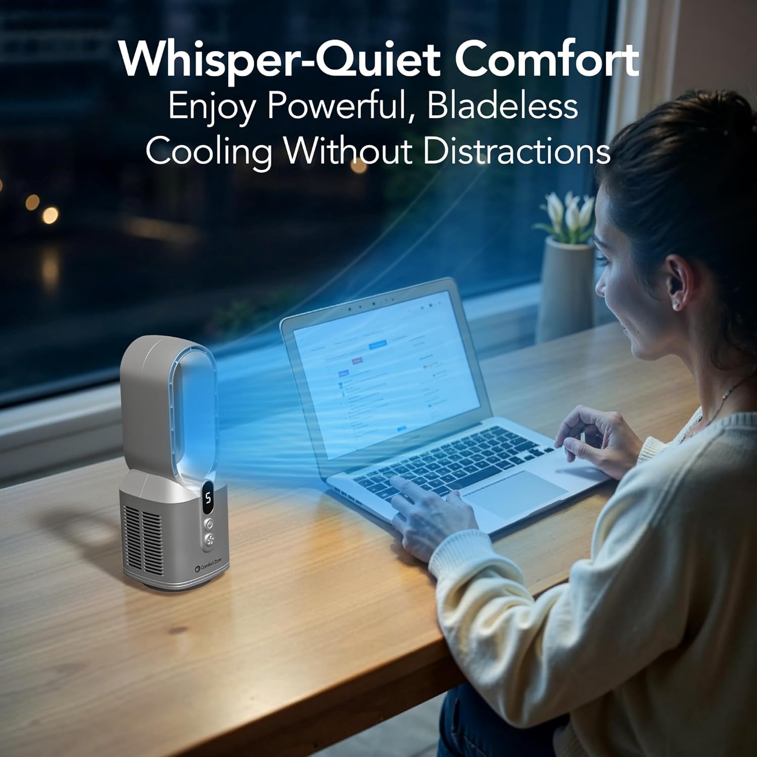 Comfort Zone 14-Inch Rechargeable Bladeless Tabletop Fan with 5 Speeds, Display Screen, Non-Slip Feet, Quiet Operation – Portable Personal Fan for Bedroom, Home, or Office, Silver