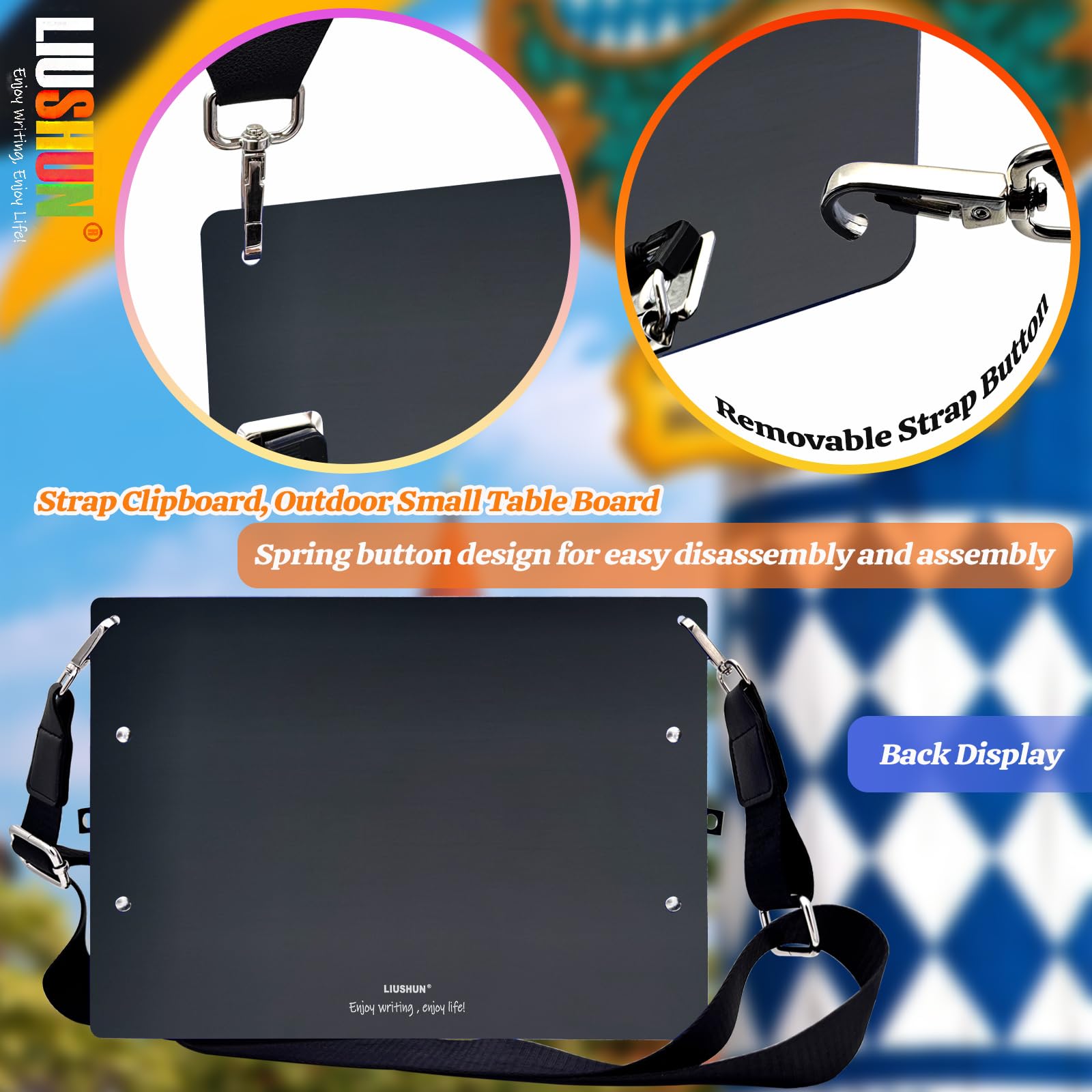 Portapapeles de metal de aluminio con correa de hombro ajustable desmontable A4, tablero de doble clip de acero inoxidable para colgar con soporte para bolígrafo, letra de 9 x 12.6 pulgadas, para