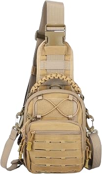 Tactical Sling Bag -600D Nylon with MOLLE System, Shoulder Pack for Hiking, Motorcycling, Hiking, EDC tan