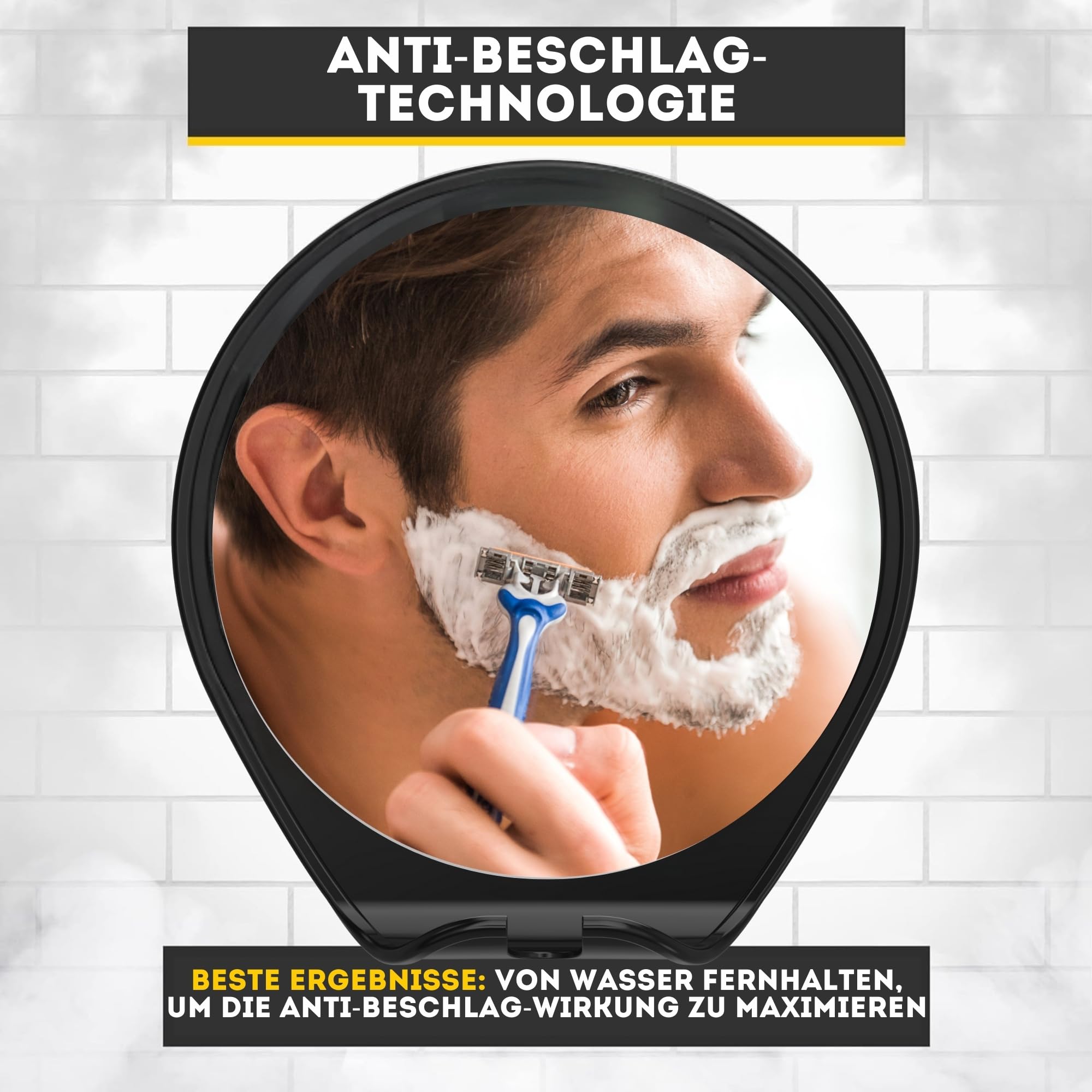 HONEYBULL Rasierspiegel für die Dusche ohne Beschlagen - mit Saugnapf, Rasierhalter & Drehfunktion, Kompakter Duschspiegel für das Badezimmer, Ideal zum Rasieren und Schminken, Schwarz