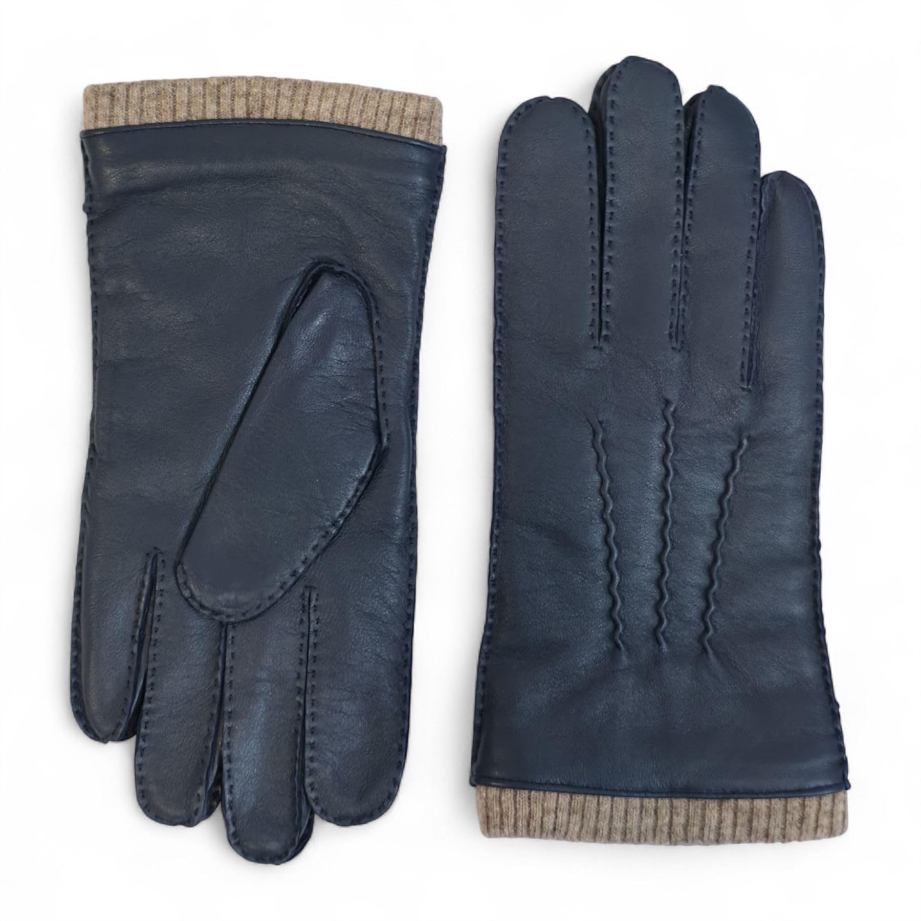 Truclothing Men's Navy ’S Genuine Leather Gloves Winter Wool Lined Touchscreen Ribbed Knit Cuff - M
