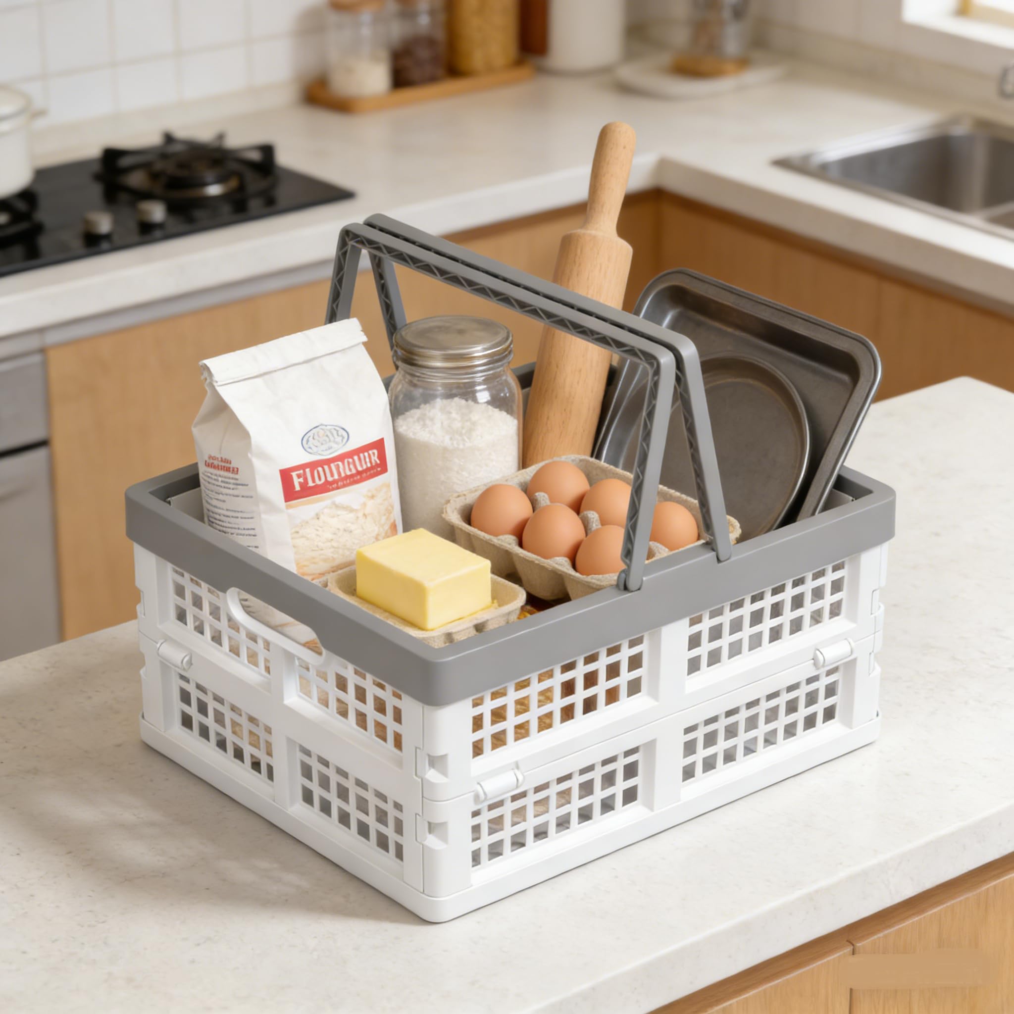 Cesta de la compra plegable, cestas de plástico reutilizables para la compra de comestibles, pequeñas cajas de almacenamiento plegables con asas, 2 unidades