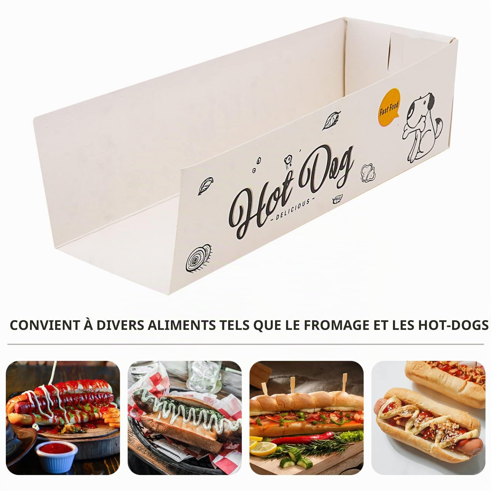 Lot de 100 plateaux jetables pour hot-dog - Pour les fêtes - Papier blanc
