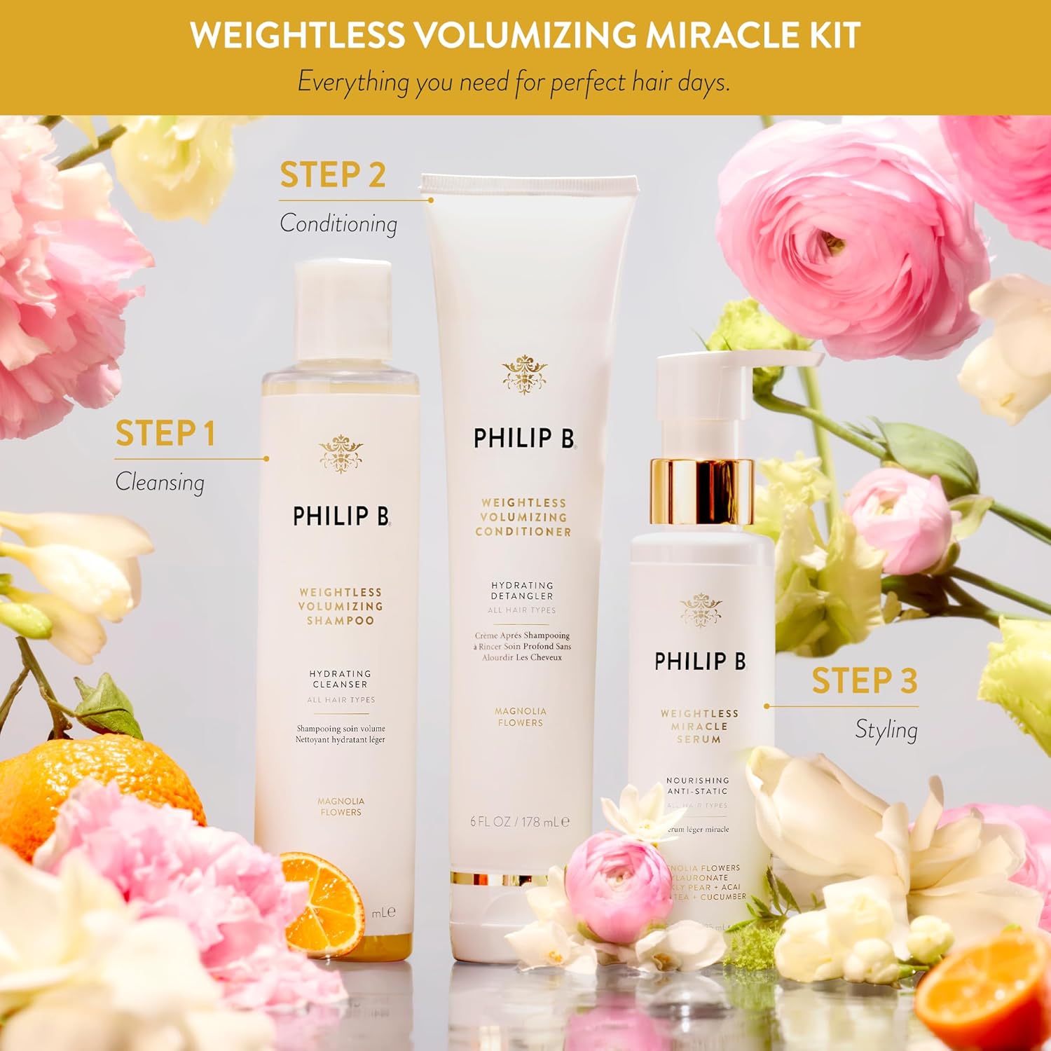 PHILIP B. Weightless Volumizing Miracle Kit ($205 Value) - Limited Edition Set Includes Shampoo, Conditioner and Weightless Miracle Serum + Bonus Detangling Comb