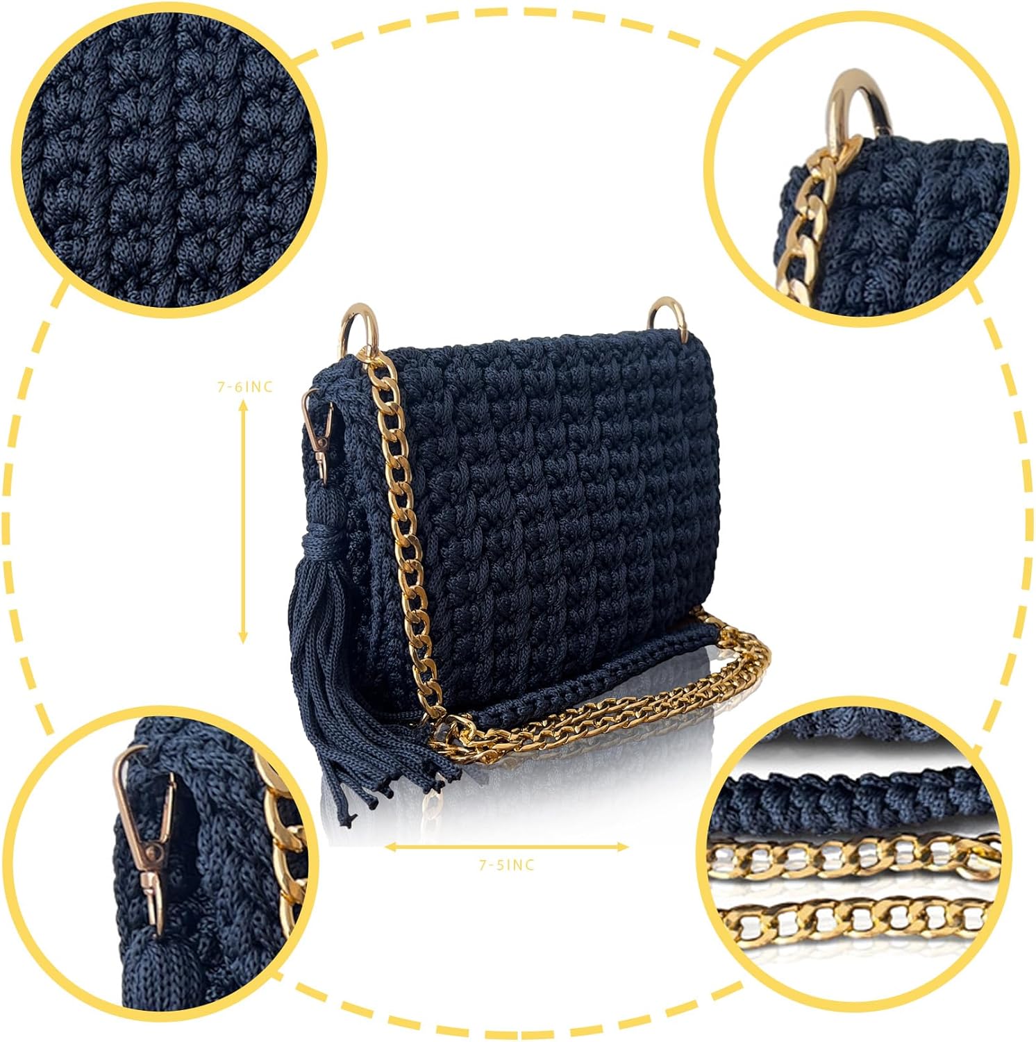 Handmade Crochet Shoulder Bag for Women – Macrame Knitted Purse with Gold Chain & Tassel, Boho Chic Evening Crossbody Clutch - Image 7