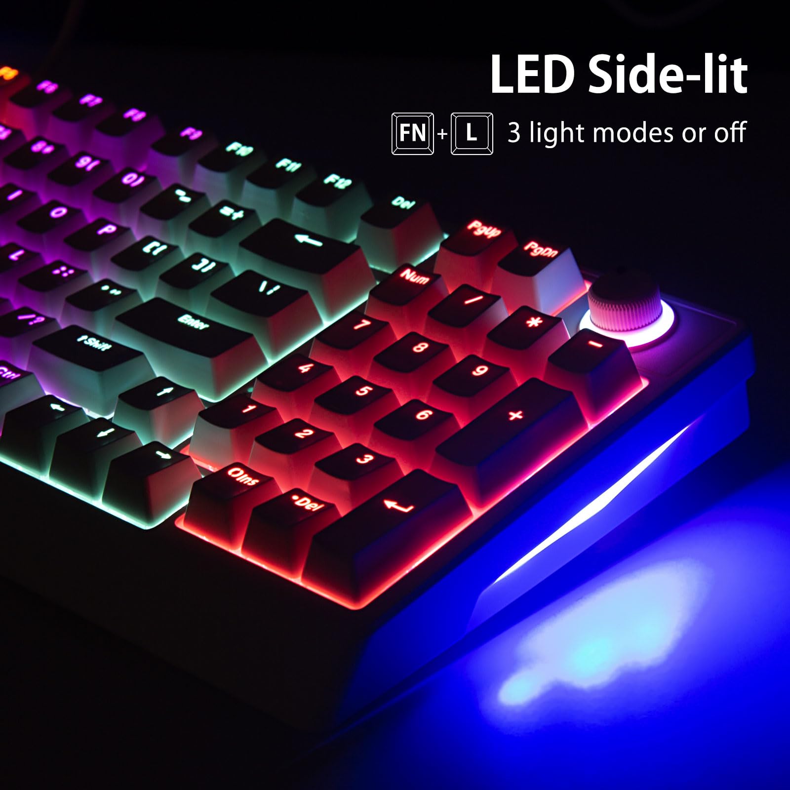HUO JI Tastiera meccanica di gioco di 96% cablata, LED retroilluminata, commutatore rosso della fodera | Manopola del volume, anti-ghosting, doppio colpo lucido attraverso i copritastri, tastiera illuminata per PC Mac, bianco