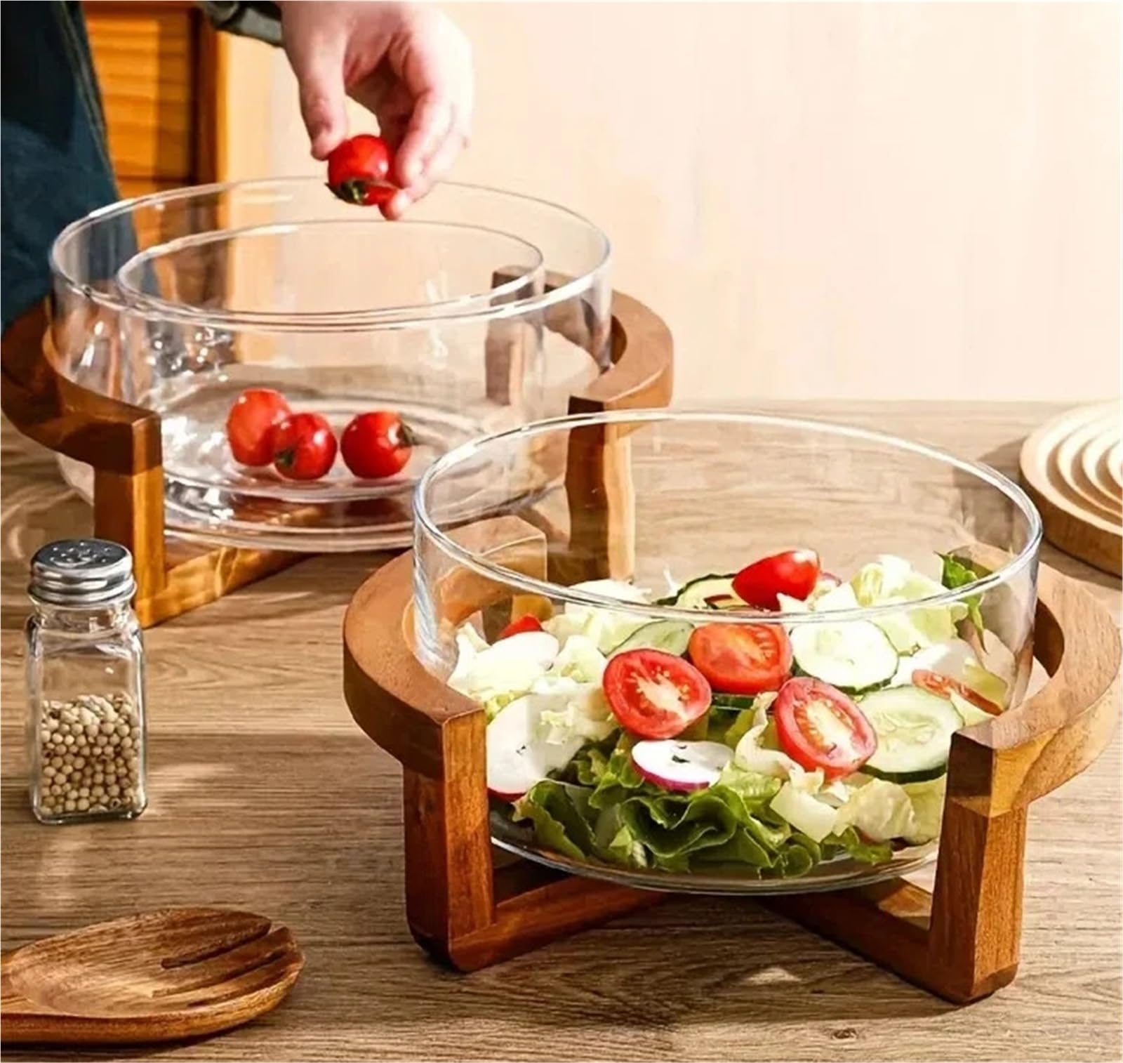 Szklane salaterki, szklane miski do mieszania, Elegancki szklany zestaw salaterek z drewnianą podstawą Owoce domowej restauracji Taca na przekąski(M)