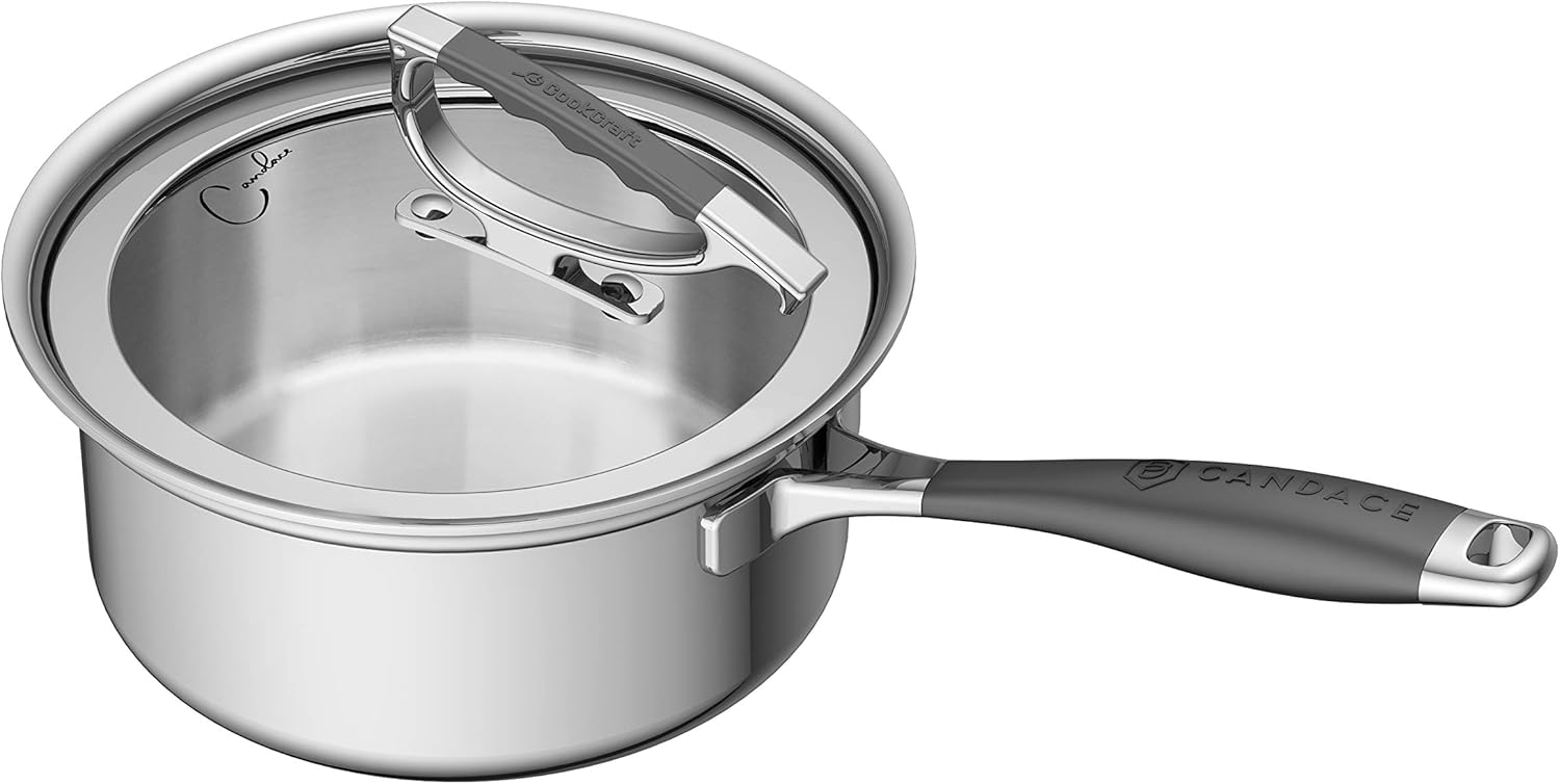 CookCraft by Candace | 3 Quart Tri-Ply Bonded Stainless Steel Aluminum Core Dishwasher Safe Sauce Pan with Glass Latch Lid