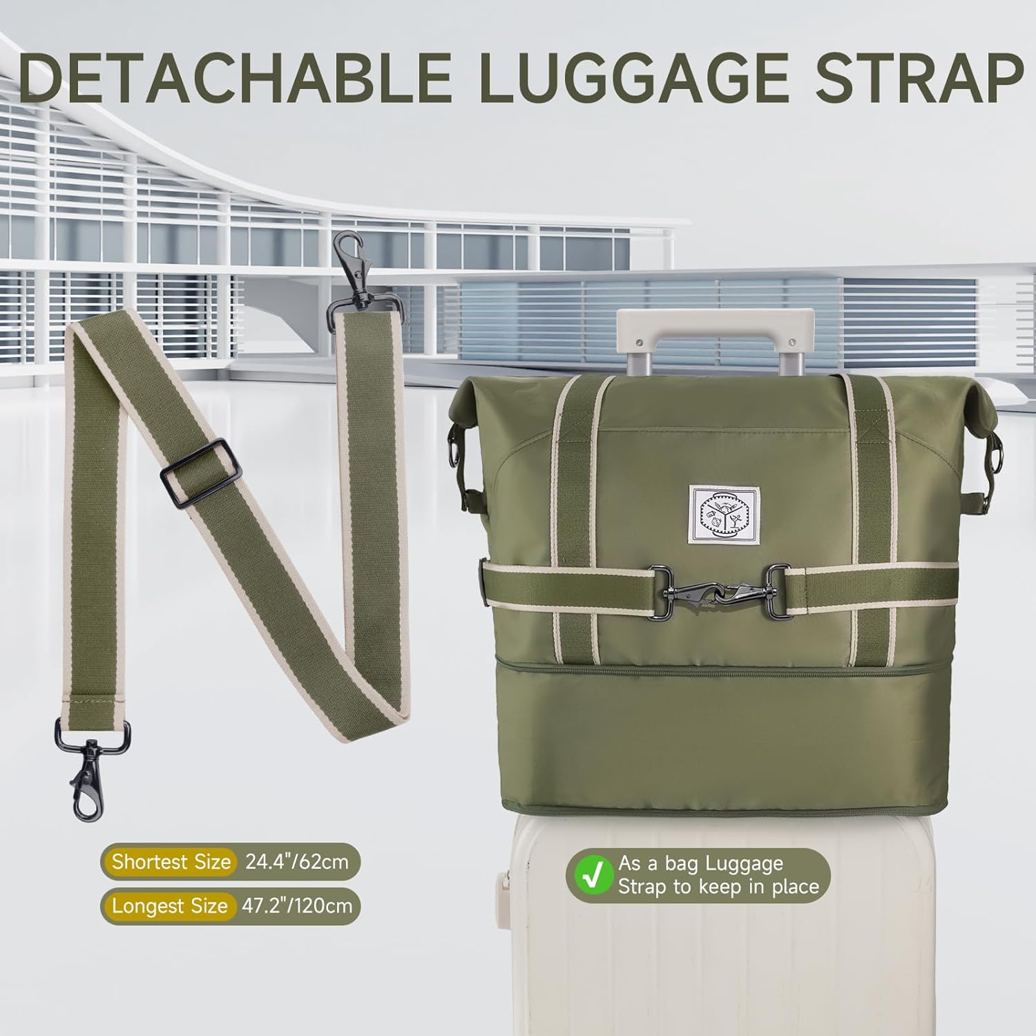 WALNEW Travel Duffel Bag, Weekender Overnight Carry On Bag for Women Men, Foldable Waterproof Gym Luggage Duffle Bag with Metal Buckle Detachable Shoulder Strap and Wet Compartment (Army Green) - Image 7