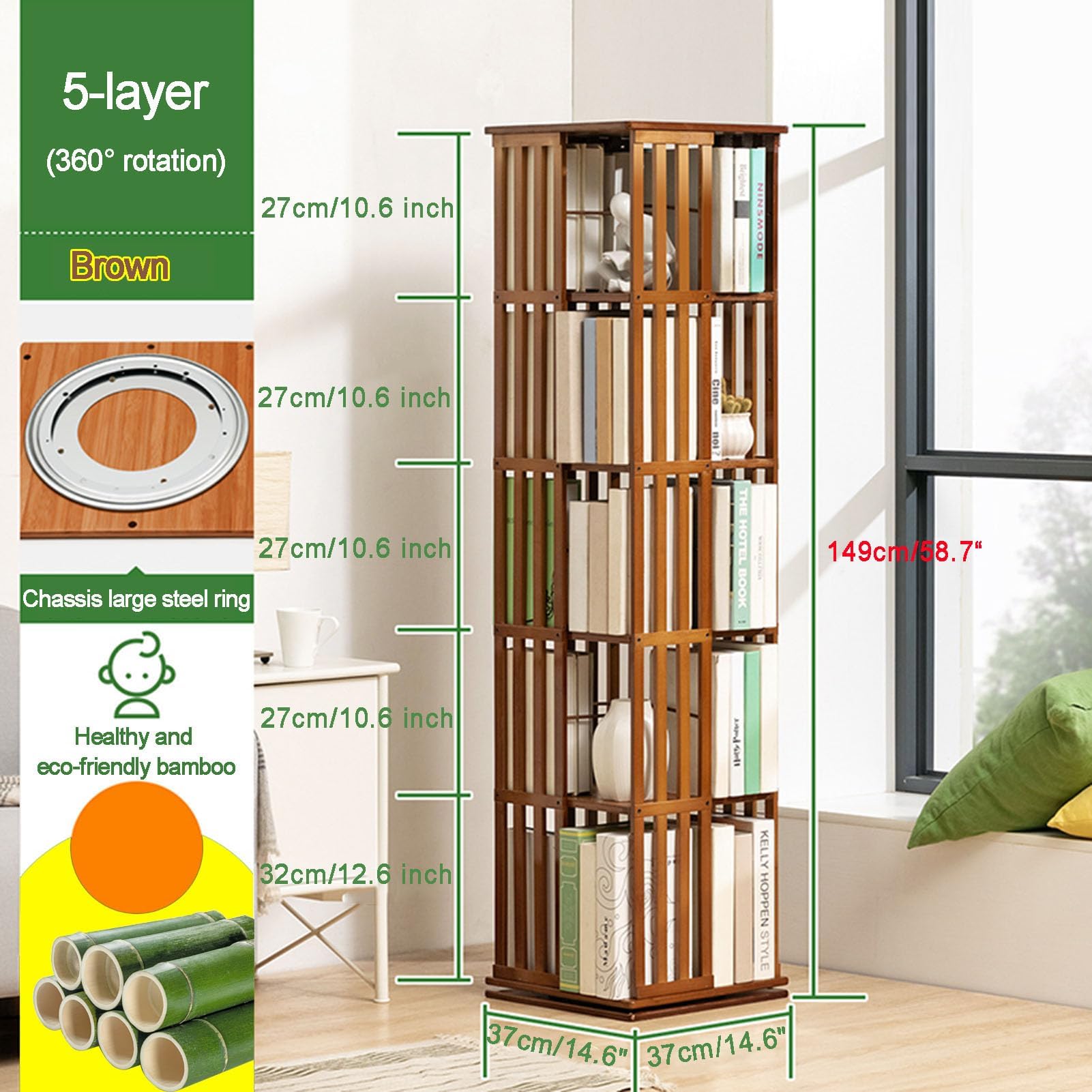 Libreria in Legno a 5 Livelli, 360 ° Scaffali Girevoli di Stoccaggio，Mobile Libreria Verticale Angolare, Porta Libri per Sala Camera Studio Soggiorno, Ufficio, Espositore (5 Livelli)
