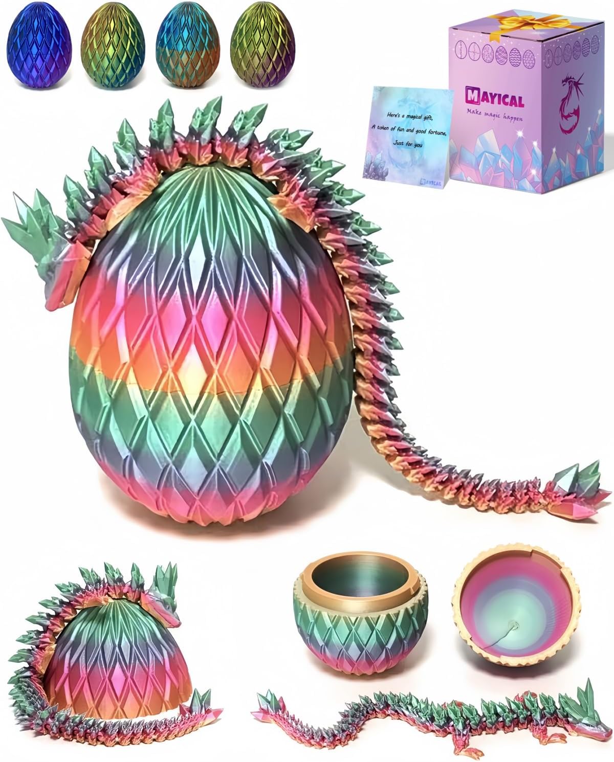 3D Printed Dragon Egg, Large 12" Laser Rainbow Crystal Dragon in Colorful Eggs with Gift Box & Card, Fidget Dragon Bifthday Gifts (Coloured)