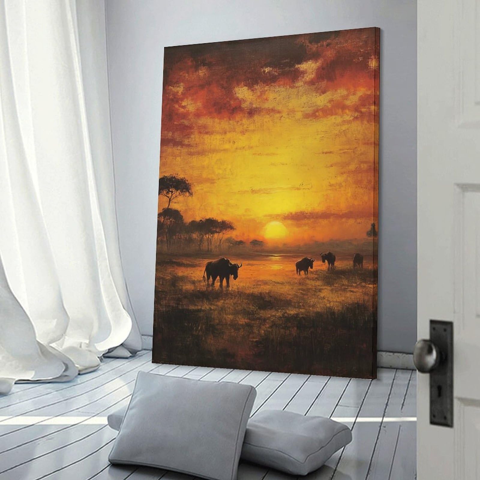 Junmoney Frame-Style-20 African Sunset With Wildebeest Room Decor Wall Art, 20X30inch(50X75cm), For Living Room, Bedroom, Office Or Hallway, Decorative Artwork With Broad Appeal