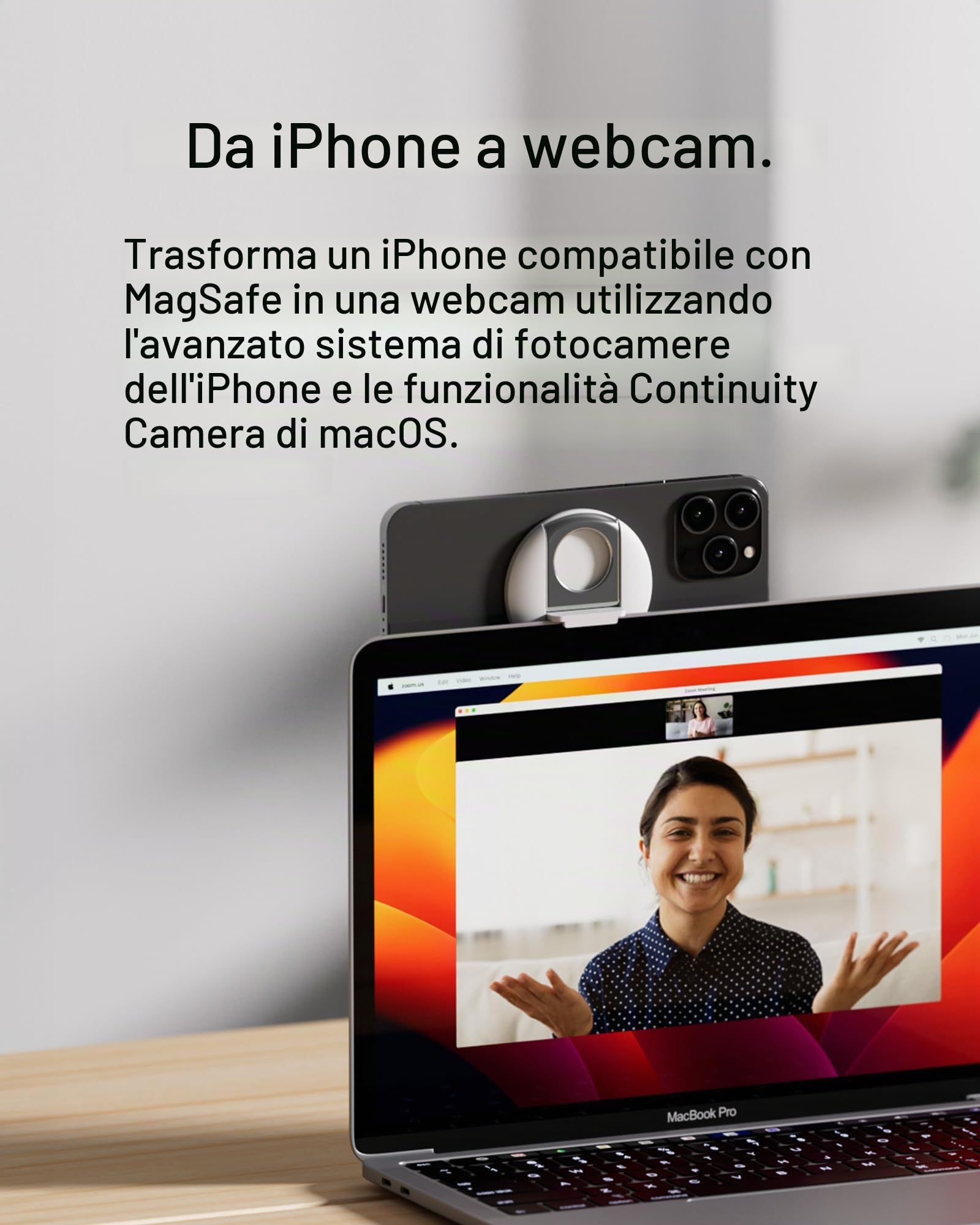 Belkin Supporto per iPhone con MagSafe per notebook Mac, iMac Pro, Studio Display, Pro Display XDR, iPhone 16, 15, 14, 13, 12 con aggancio/sgancio magnetico rapido per uso con Fotocamera Continuity
