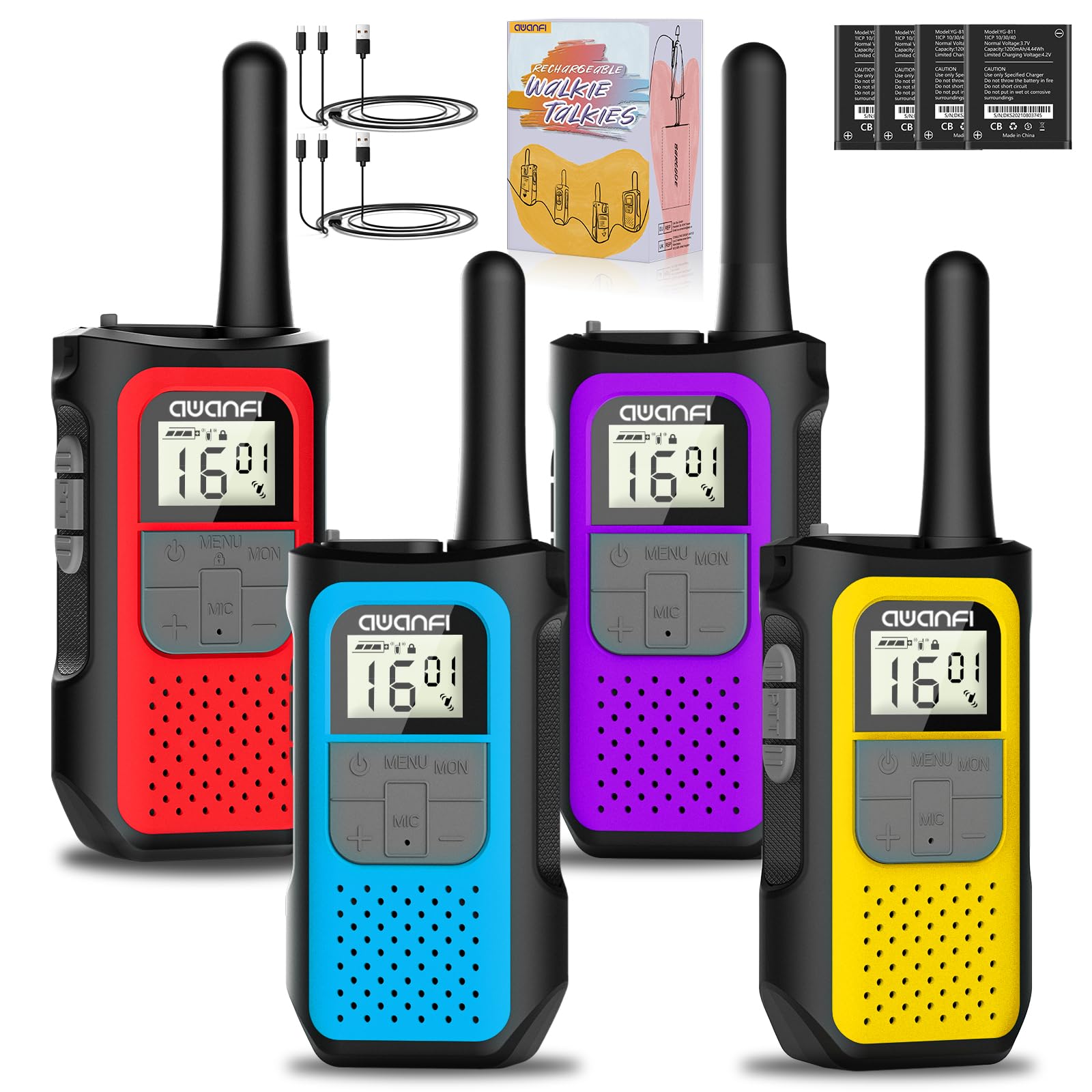 Walkie-Talkie 4 Pezzi, Walkie Talkie Ricaricabile con 1200mAh Batteria, Walkie-Talkies per Bambini Adulti, 16 Canali/VOX/Cavo USB-C, Walky Talky Lungo Raggio per Campeggio Escursioni