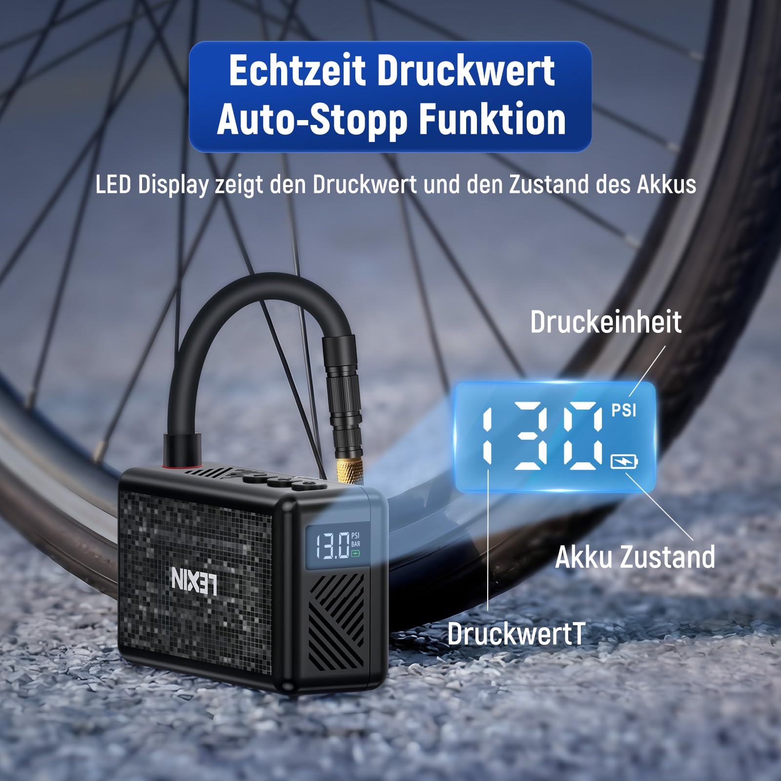 LEXIN P2 Elektrische Lufhtpumpe,130PSI Tragbare kabellose Tiny Fahrradpumpe