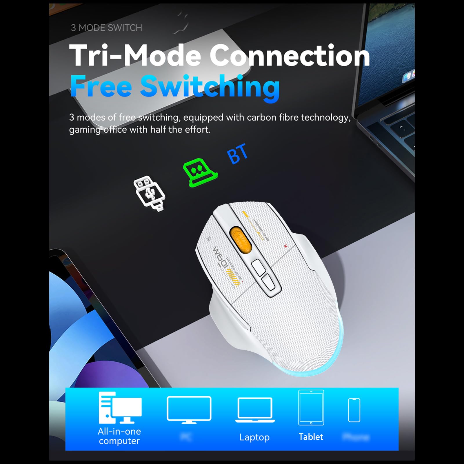 Fockety Mouse da Gioco Wireless, Mouse da Gioco Ergonomici per Computer con connettività a 3 modalità, Luci RGB Personalizzabili e 7 Pulsanti Programmabili (WHITE)