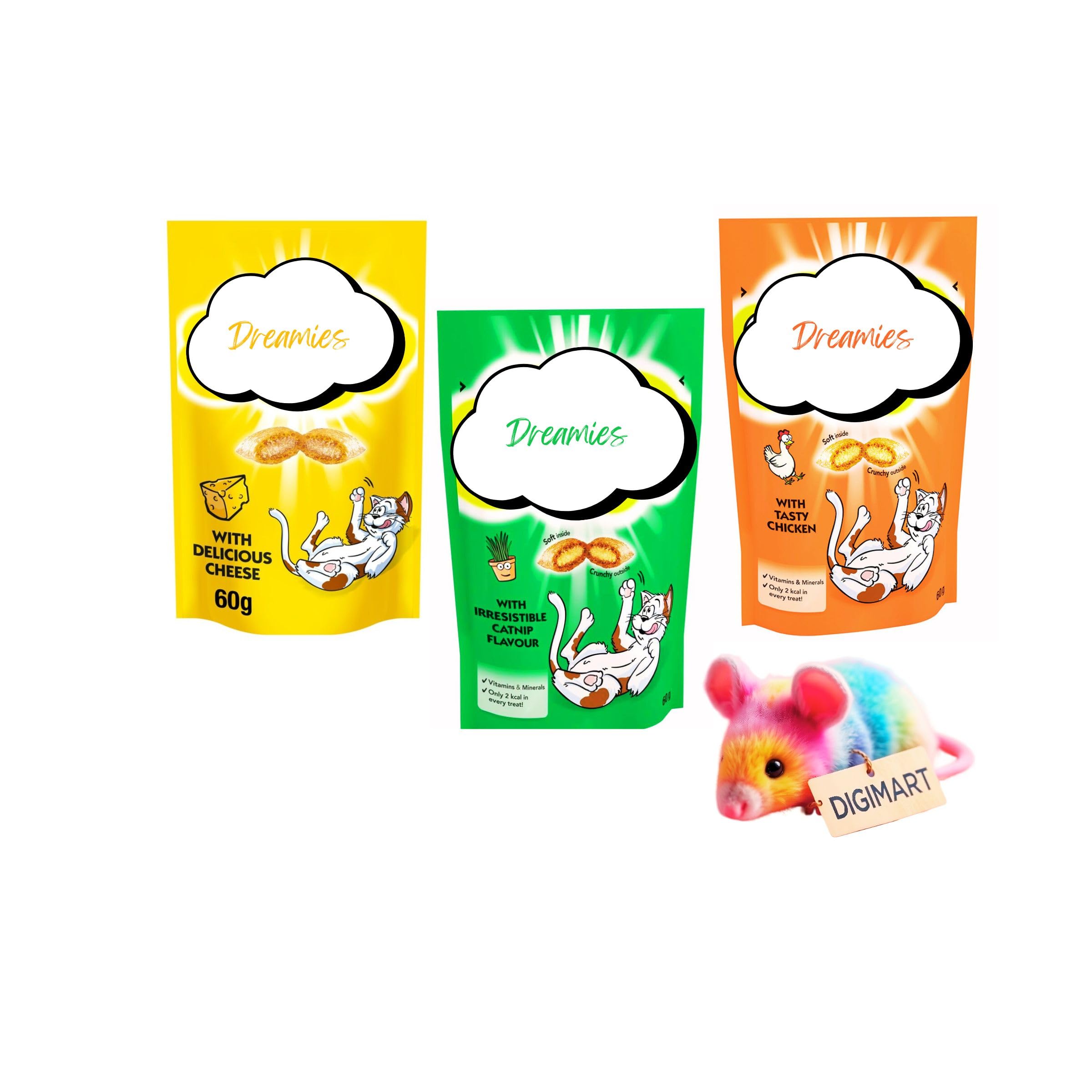 DigiMart Toy With Dreamies Cat Treats Variety Pack, Cheese, Catnip and Chicken Flavours 3 × 60g Packs