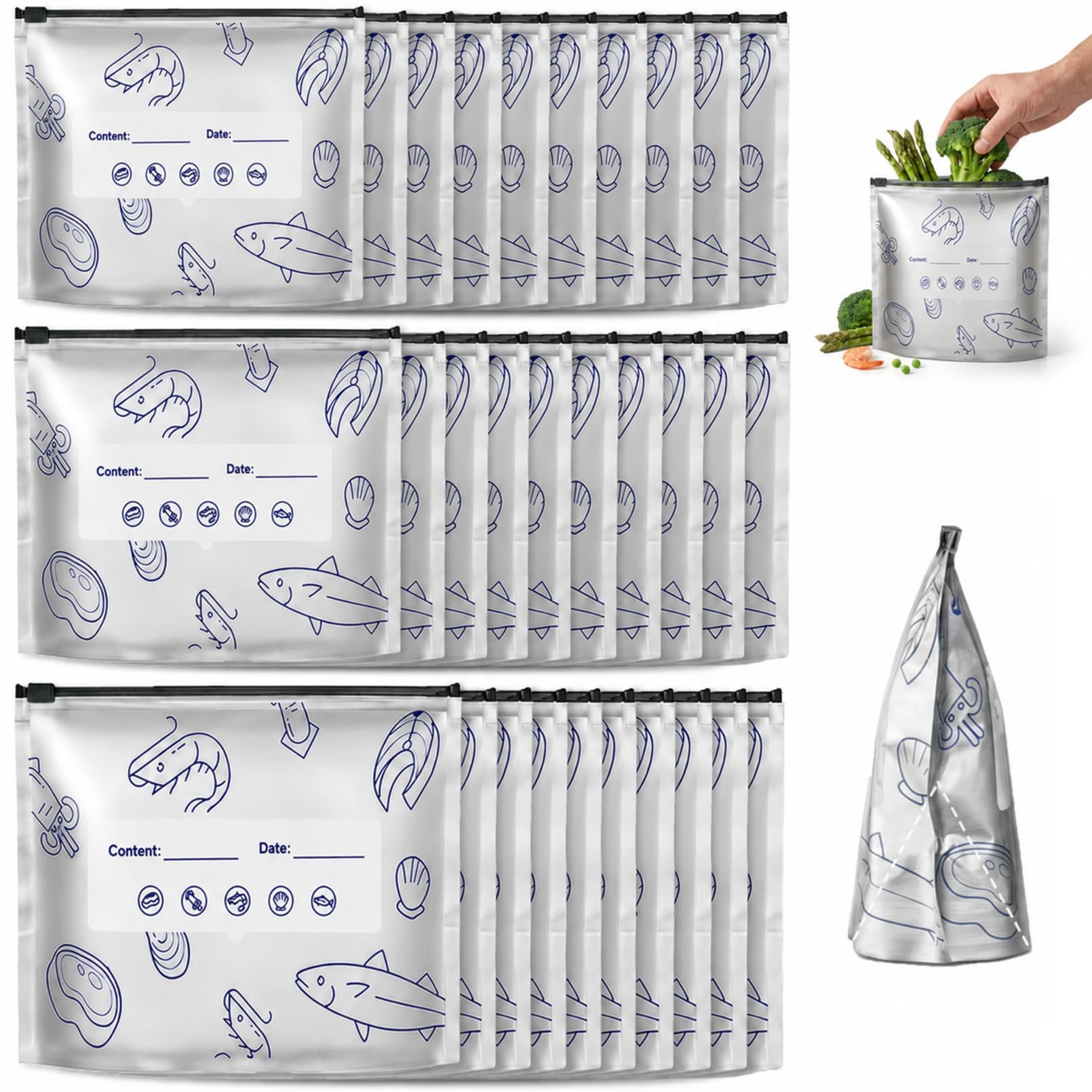 30 Pack Aluminum Foil Freezer Bags, Reusable Food Storage Pouches with Zip Seal & Label, 3 Sizes, Frozen Meat Long Lasting Freshness, Cooler Pouches for Meal Prep, Snacks, Meat, Vegetables & Travel