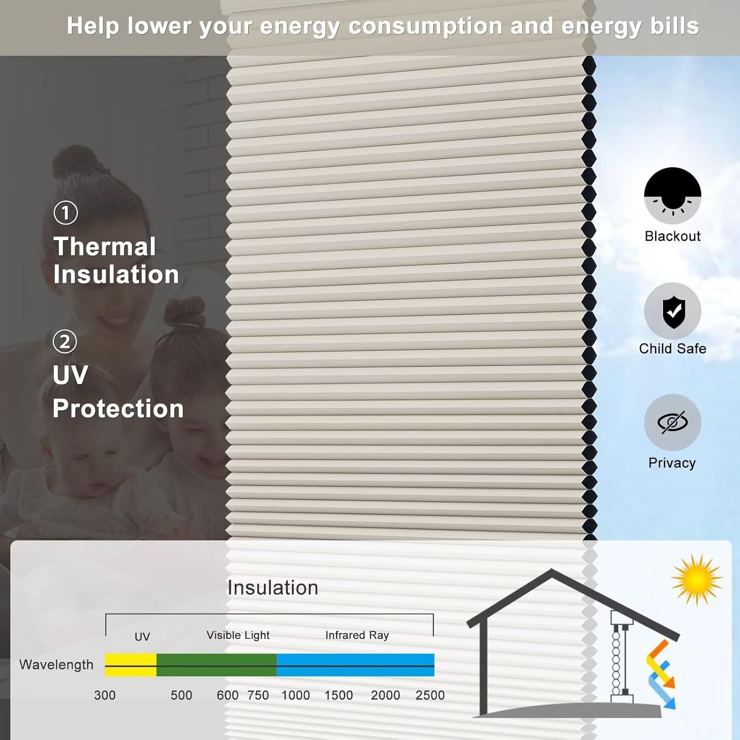 Changshade Cellular Shades Door Window Blinds Cordless Blackout, Honeycomb Blind Accordion Shade Room Darkening Indoor Pleated 1.5" Cell Easy to Install, Shade Size 87" Width×64" Height, Beige