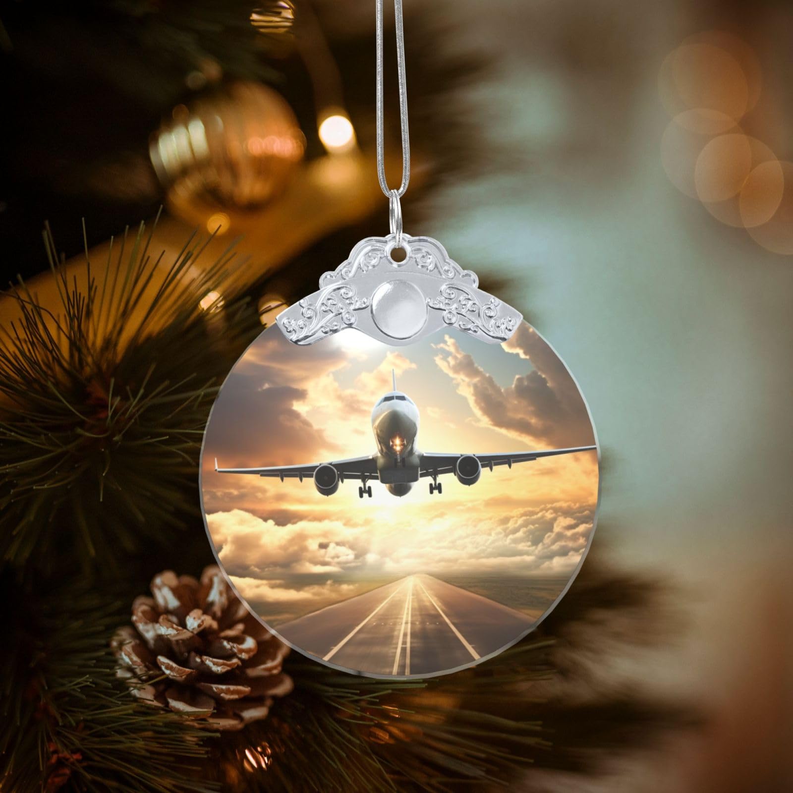 Crystal Christmas Ornaments for Christmas Tree Decoration Hanging Airplane Ornament with Gold Ribbon Crafts Round Pendant for Keepsake Gifts Glass Xmas Decor Party Supplies