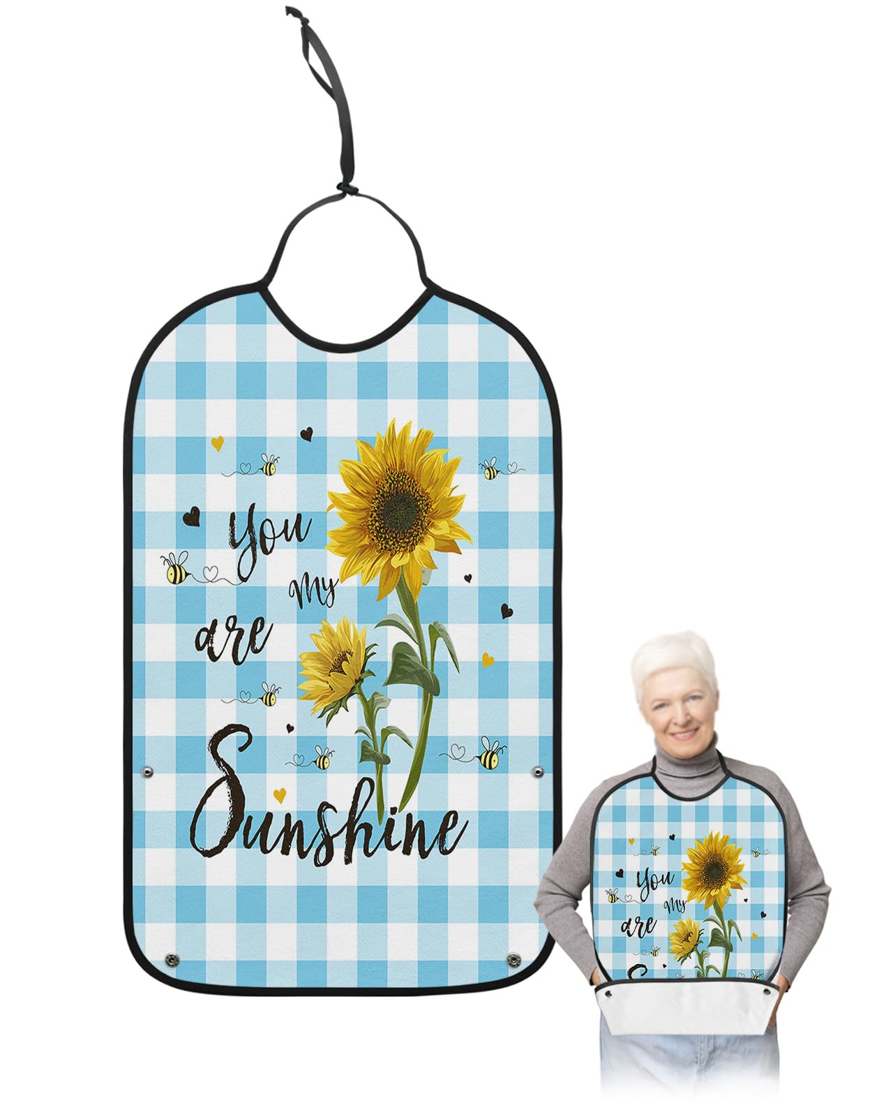 Summer Sunflower Adult Bibs for Eating, Waterproof Bibs with Food Catcher & Adjustable Snap Closure, Farmhouse Honey Bee Blue Plaid Washable Clothing Protectors Adult Bibs for Elderly Women/Men