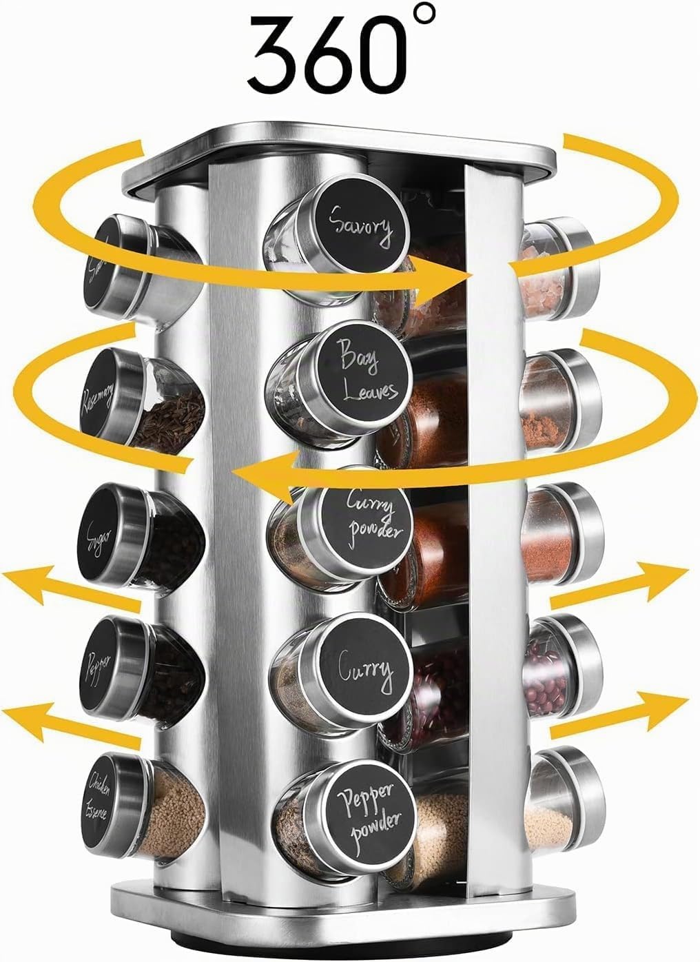 SAEIV Tourniquet à Épices Support Cuisine 360° Rotatif, Acier Inox 304 Antirouille, 20 Bocaux Verre & Inox, Étagère Compacte, Rangement Cuisine Étanche Gain de Place