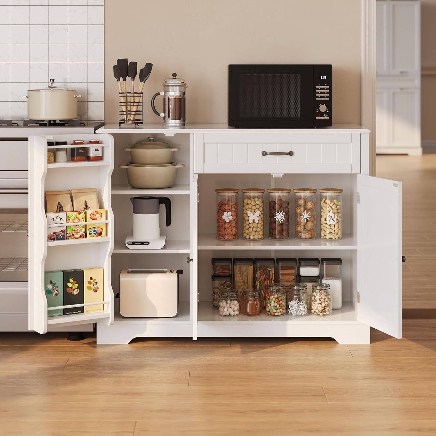 Gizoon cabinet used as a kitchen pantry with various food items and small appliances