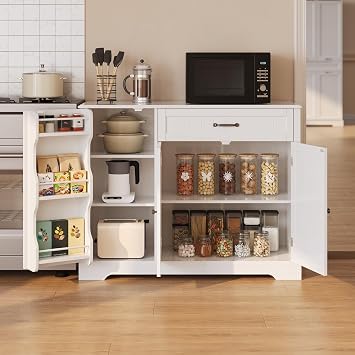 Gizoon Kitchen Coffee Bar Cabinet with Storage Kitchen Sideboard Buffet Cabinet with Drawers, Short Pantry with Door and Shelves for Bathroom and Living Room, White, Painted