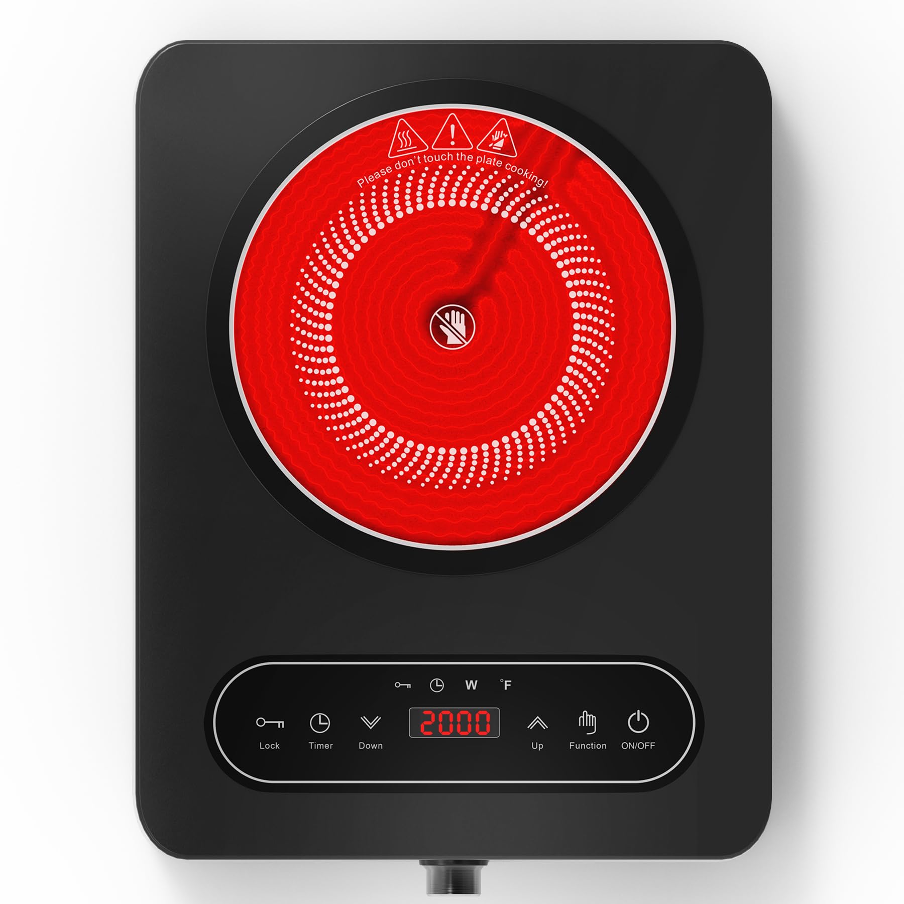 VBGK Glaskeramik Kochfeld 1 Platte, 220V, 2000W, Kochfeld mit LED-Touch-Bedienelementen und Drehreglern, 10 Leistungsstufen, 4-Stunden-Timer, Sicherheitsverriegelung Herdplatte mit Stecker