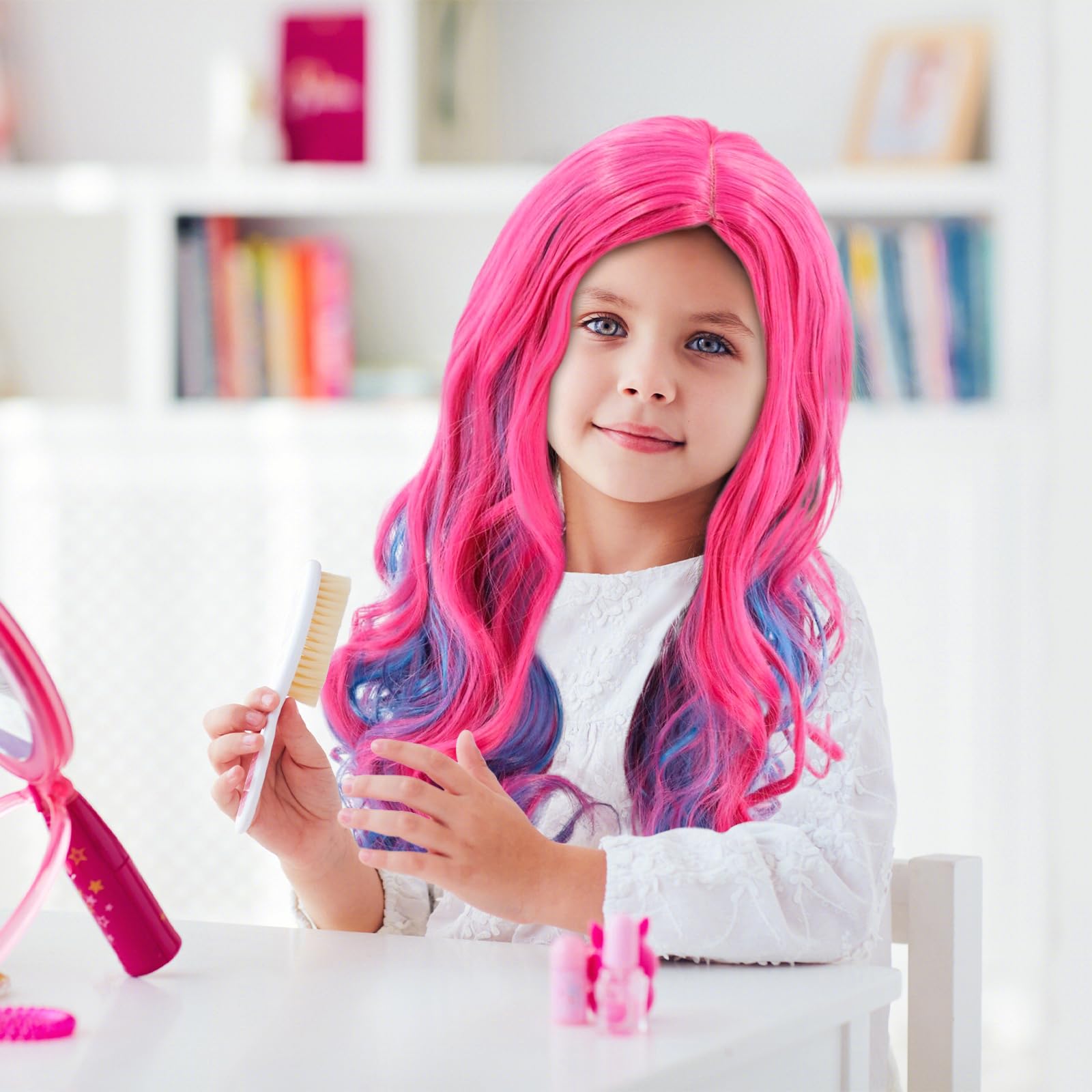 Rosa Lila Lang Lockige Perücke, Perücke für Kinder Mädchen, Rosa-Blau Cospaly Kostüm Perücken, Lila Ombre Prinzessin Perücken, für Cosplay, Karneval, Halloween Kostüm Party (70 cm)