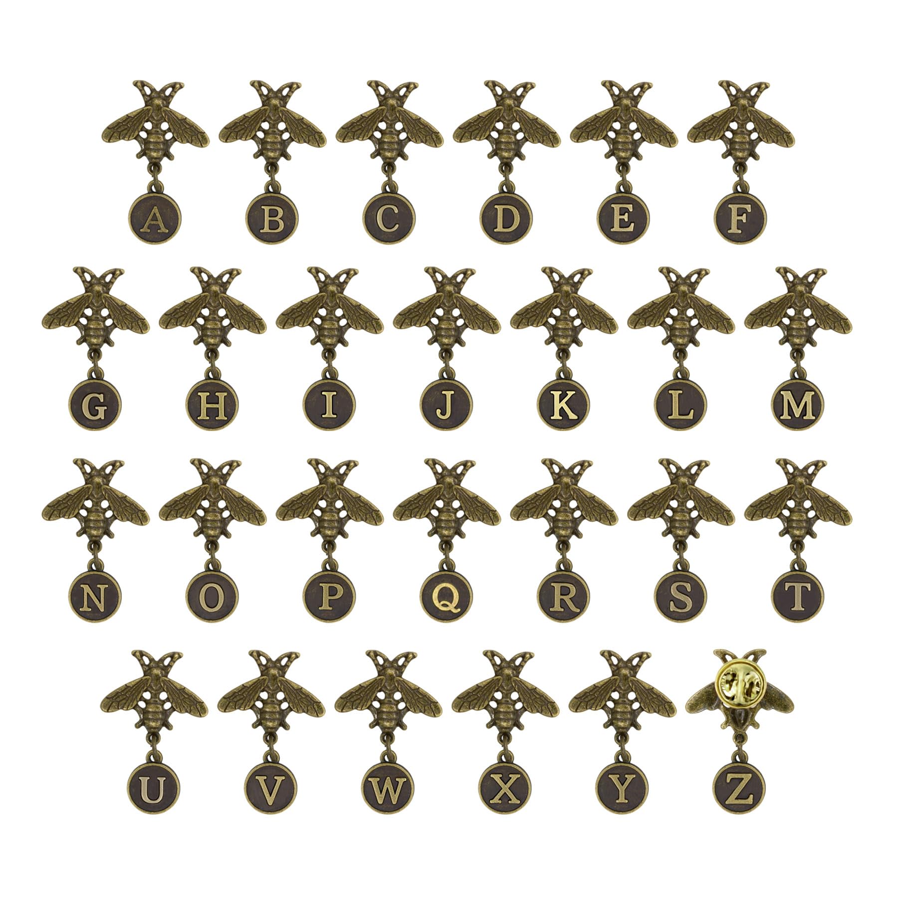 26Pack Retro Bee Letter Brooches Pins Set Cute Bee with Initial Lapel Pin Brooch Badges Funny pin Brooches Accessories for Women Men Gold Silver