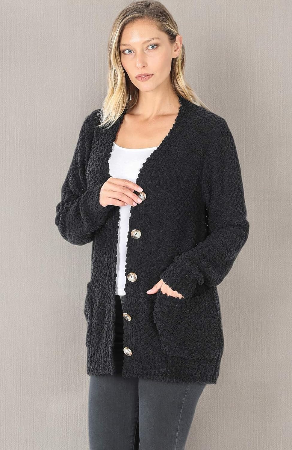 Zenana Popcorn Sweater Button Down Cardigan Black S
