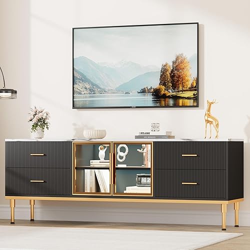 Garvee Soporte de TV acanalado para televisores de hasta 75 pulgadas, centro de entretenimiento con luces LED, mesa de TV con cajones de