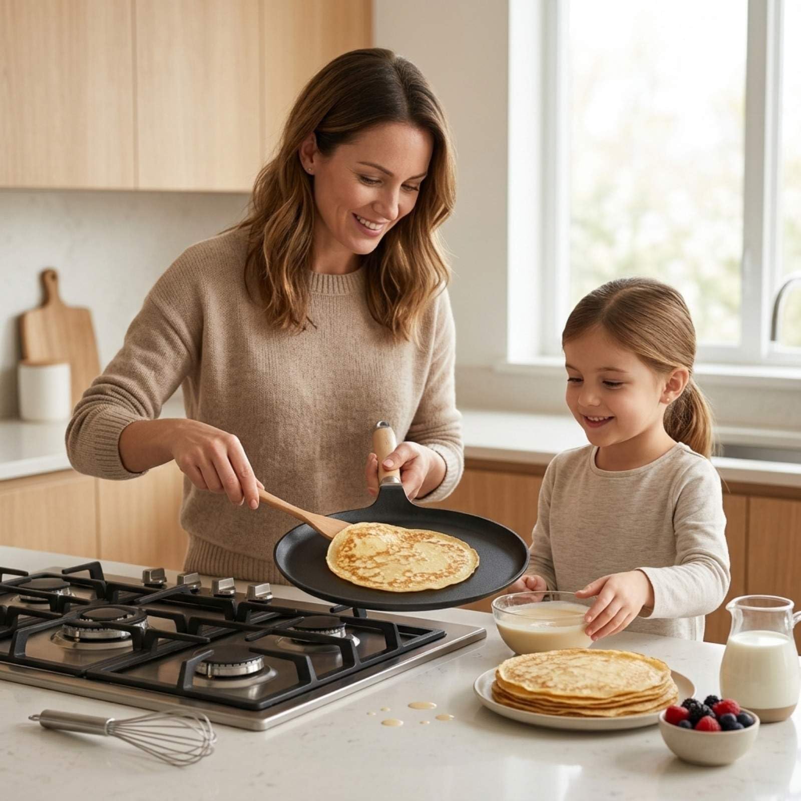 4BIG.fun Padella per pancake, Ø 24 cm, in ghisa per crepes/frittelle, padella per omlette, padella per frittelle, padella per crêpes, padella per crepe per tutti i piani cottura, con induzione