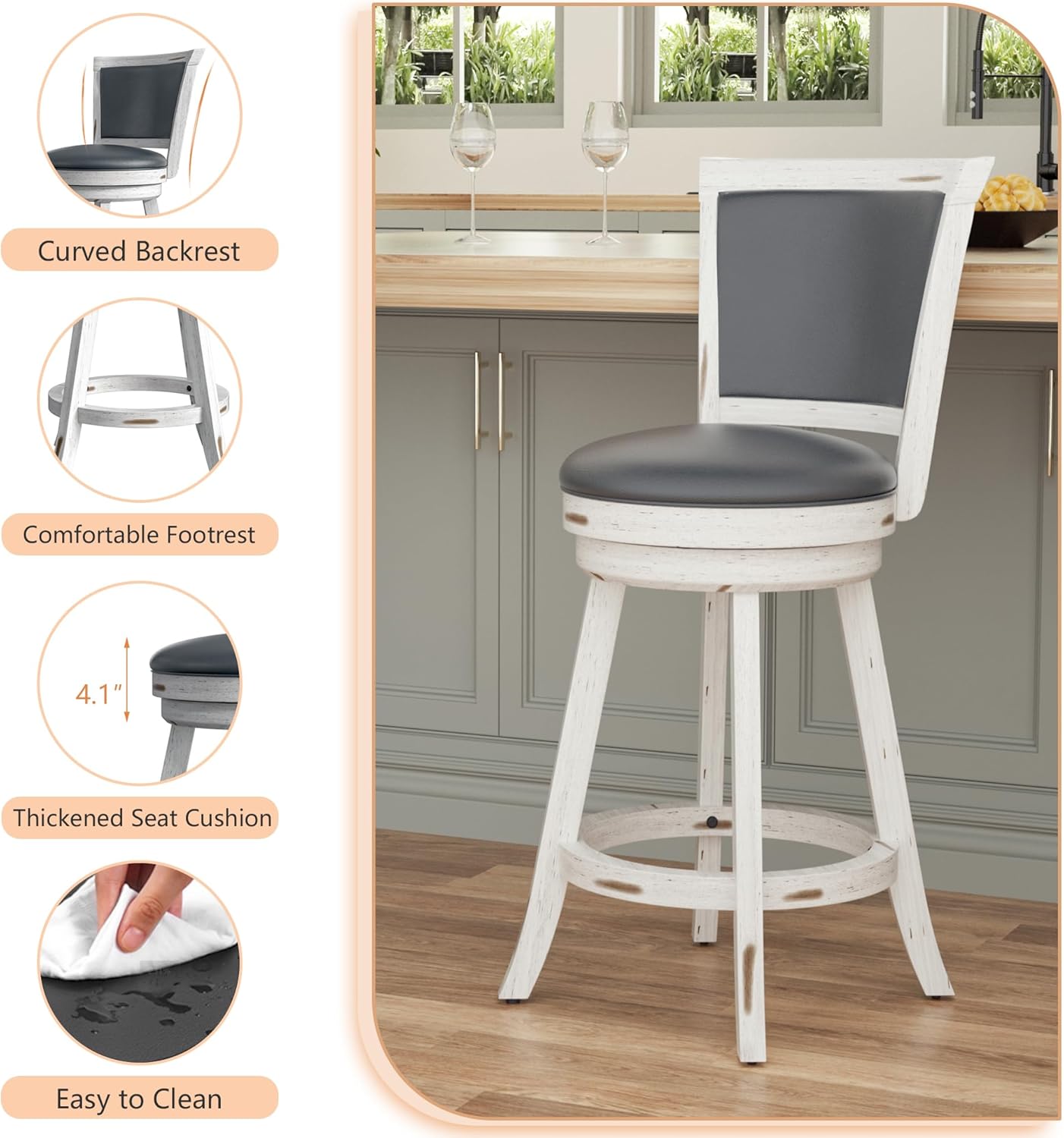 Swivel Bar Stools Set of 2, 29" Bar Height Swivel Barstools with Back & Faux Leather Upholstered Seat, Island Chairs with Solid Wood Legs & Footrest for Kitchen, Dining Room, Pub, White