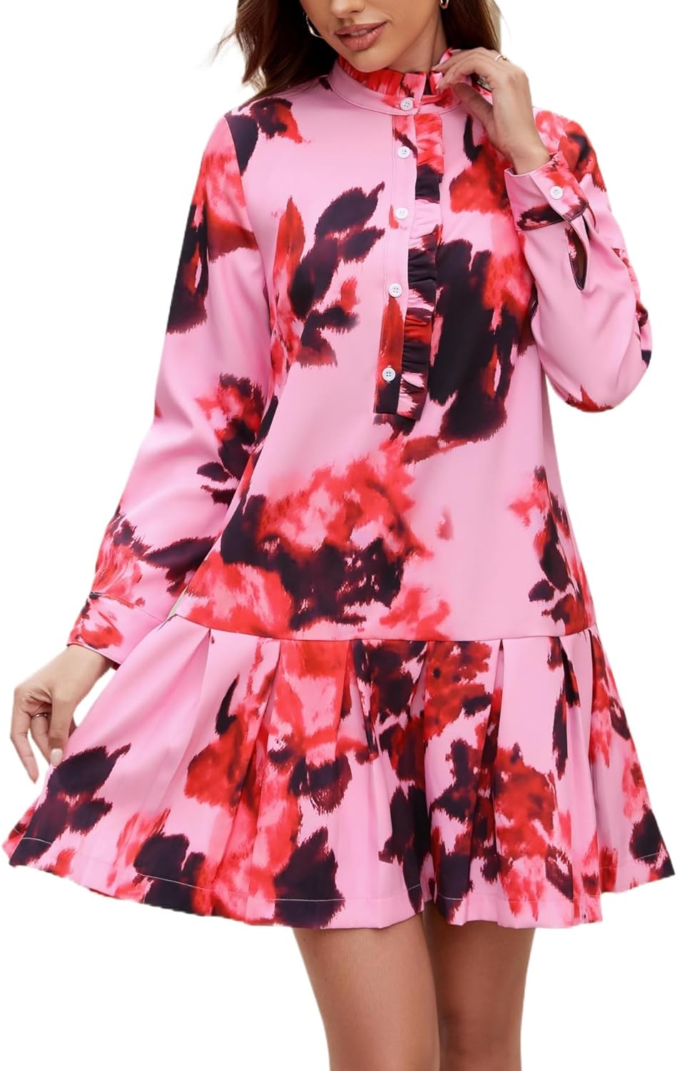 Women Floral Mini Dress Long Sleeve Stand Collar Button Up Elegant Work Swing Short Pleated Dress