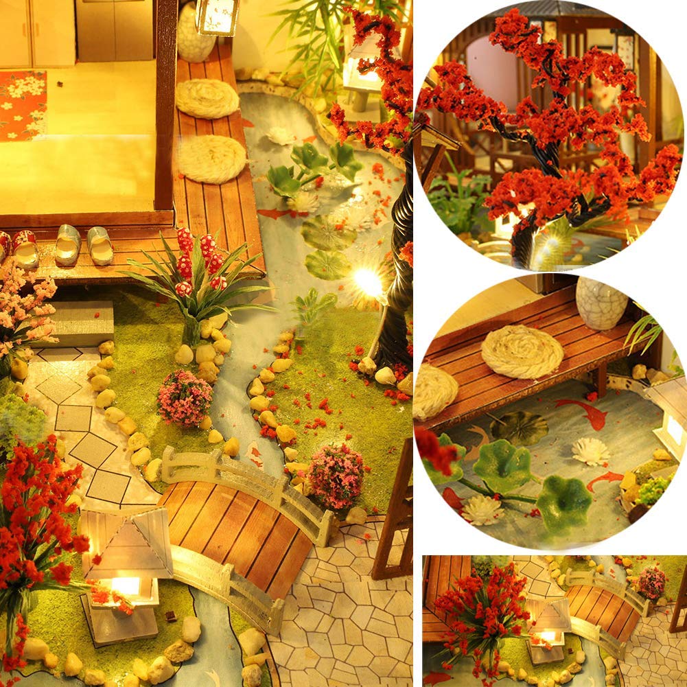 DIY Japanische Villa Szene Architekturmodell Kirschblüten Garten montiert Spielzeug Haus Musikhaus Kit mit Staubschutz 3D Puppenhaus Kreatives Geschenk