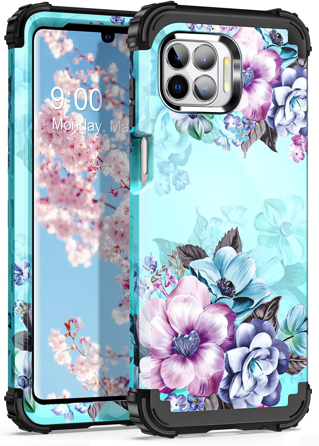 Casetego for Motorola Moto One 5G Case (2020), Moto G 5G Plus Case, Moto One 5G UW Case,Floral Three Layer Heavy Duty Shockproof Soft Silicone Rubber+Hard Plastic Bumper Protective Cover,Blue Flower
