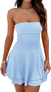 Women’s Solid Strapless Tube Mini Dress Sleeveless Flowy Bustier Swing Dress Off Shoulder Ruched Beach Summer Dress - Buy now
