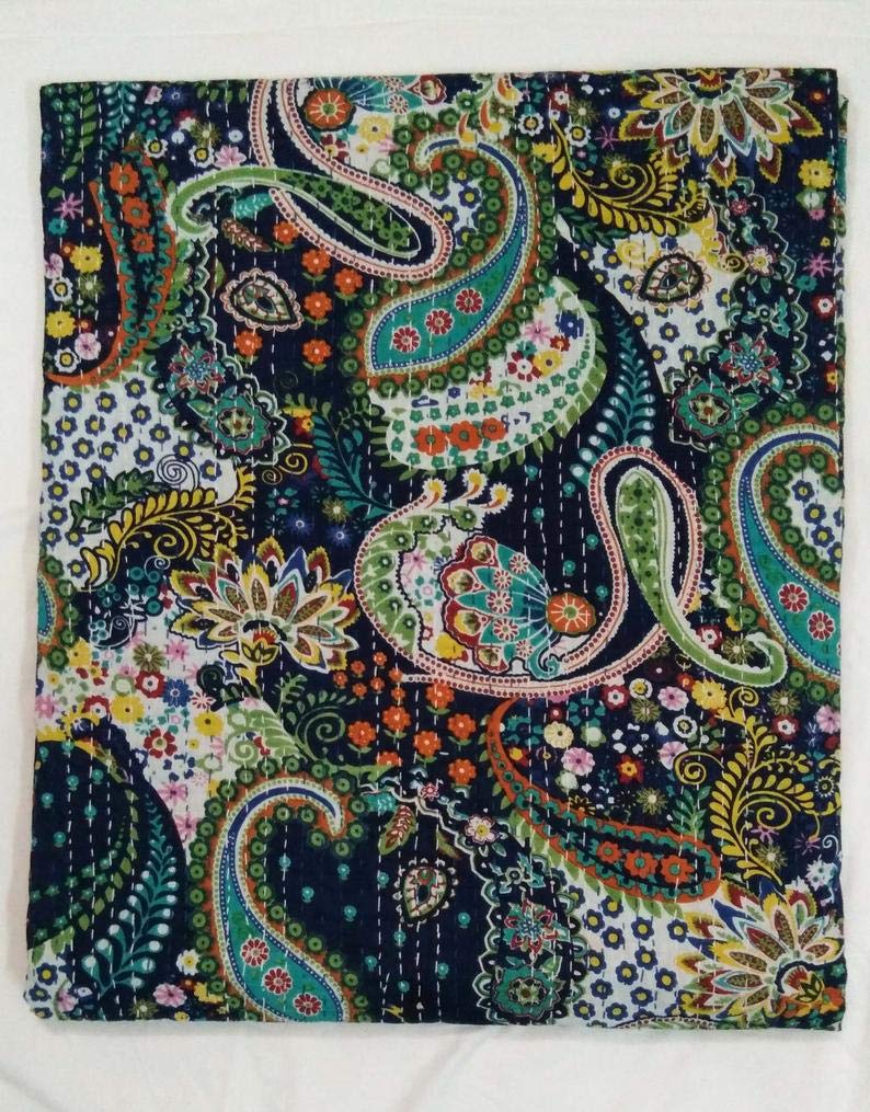 Textile Work Creations Handmad Bedcover Bedspread Kantha Quilt Indian Bedding Blue Grey Handmade Throw Tapestry Handmade Pure Cotton Quilted Bedding 1