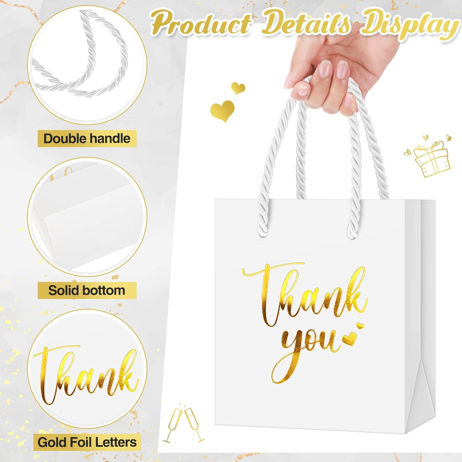 Honoson 60 Pcs Mini Thank You Gift Bag with Handle Bulk 4 x 2.75 x 4.5'' Small Paper Foil Bag for Wedding Gift Wrapping Birthday Party(Gold and White) - Image 4