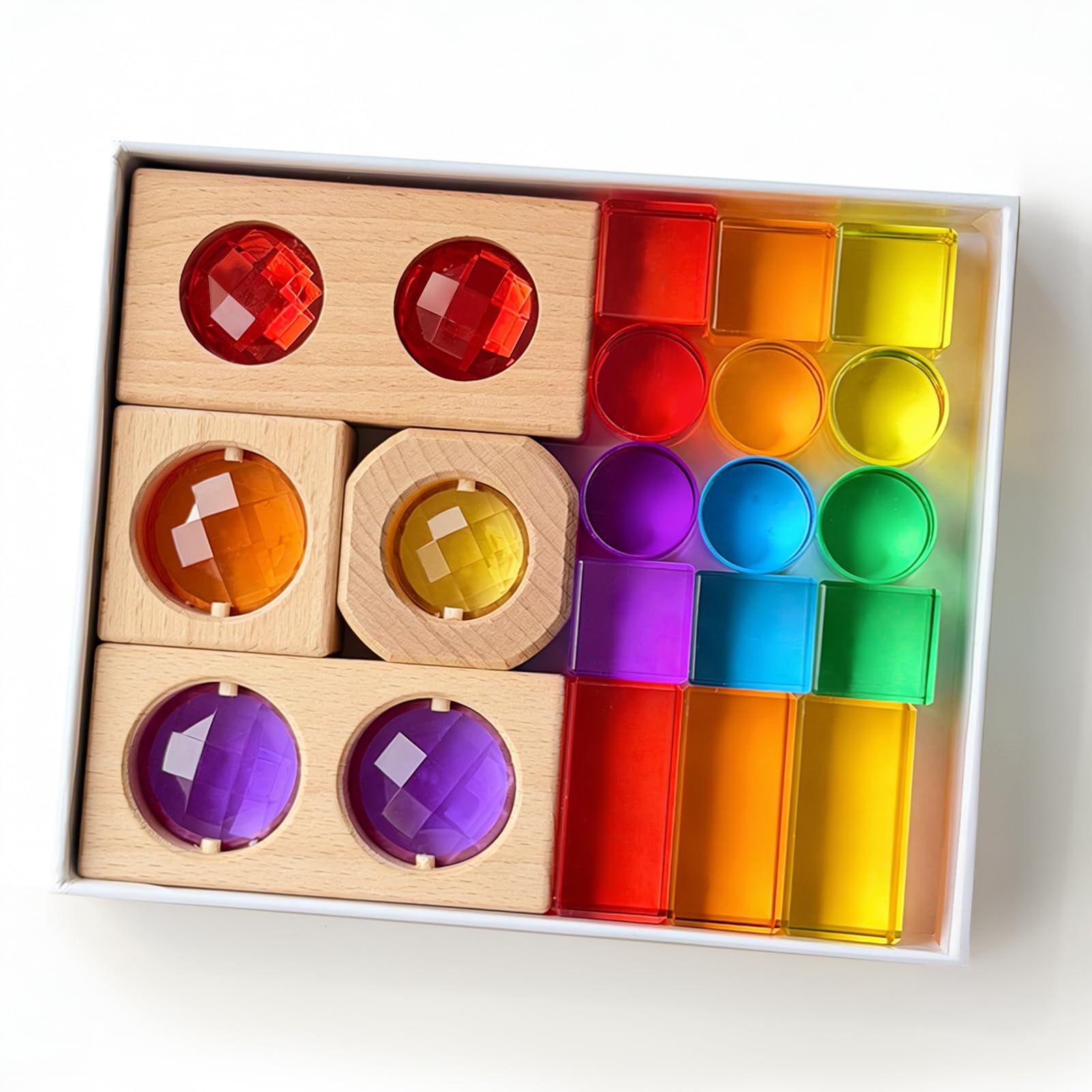 Acryl Bausteine Set, 19-teilig lichtbausteine, Stapelbar für Lichteffekte | Transparente Acryl Bausteine Würfel, Quader, Zylinder & Holz-Gem-Würfe, Sensorik Förderung bei Kindern (Rainbow)