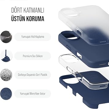 Babilden iPhone Kılıf İnce Sıvı Silikon 3 Katmanlı Tam Kaplamalı Yumuşak Jel Kauçuk Kılıf Kapak (Lacivert, iPhone 16(6)