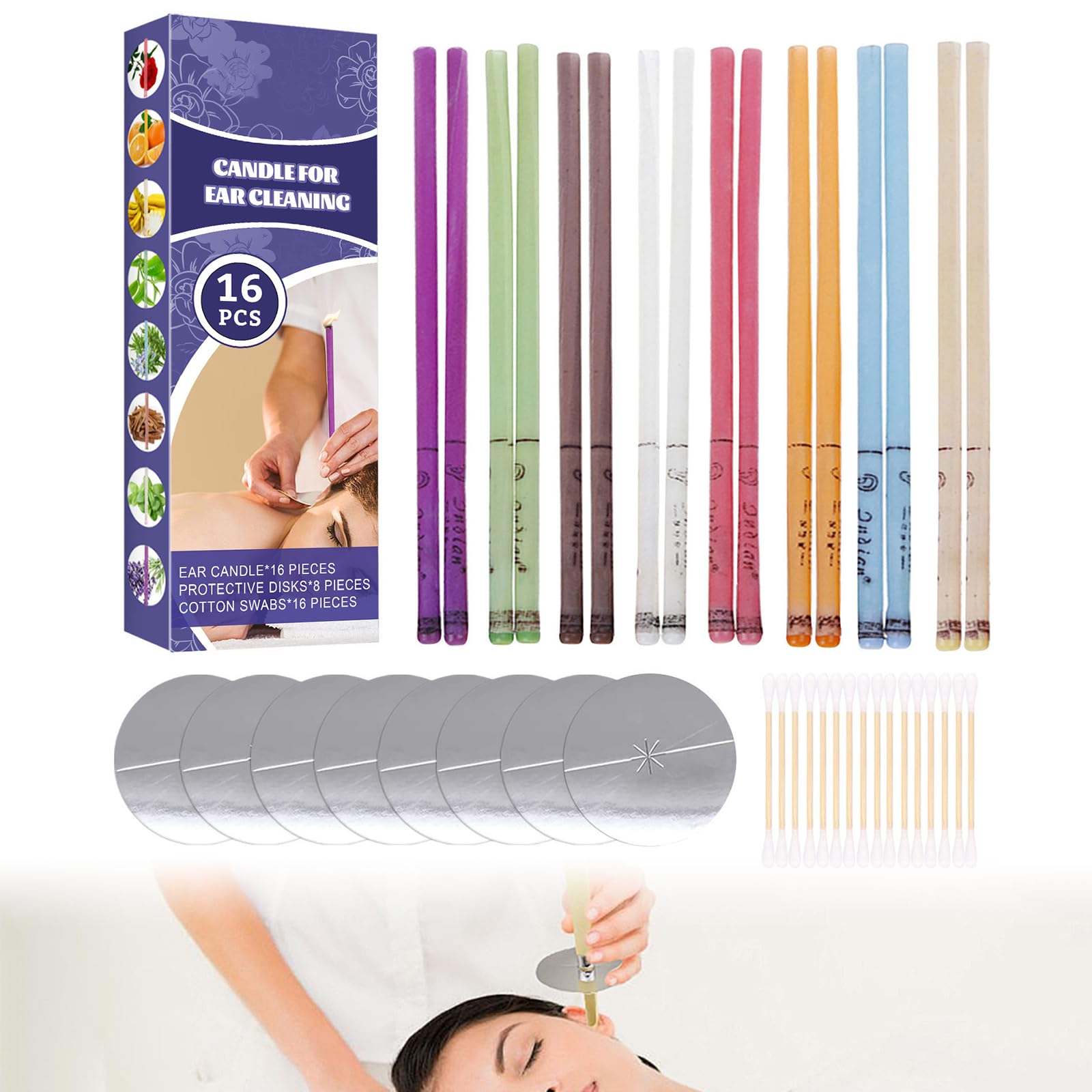 Dymeist 16Pcs Ear Candles, Beeswax Ear Candles, Fragrance Ear Candles, Ear Wax Removal, Ear Coning, Pack Multicolour Earwax Clean Tools,With Protective Discs and Cotton Swab