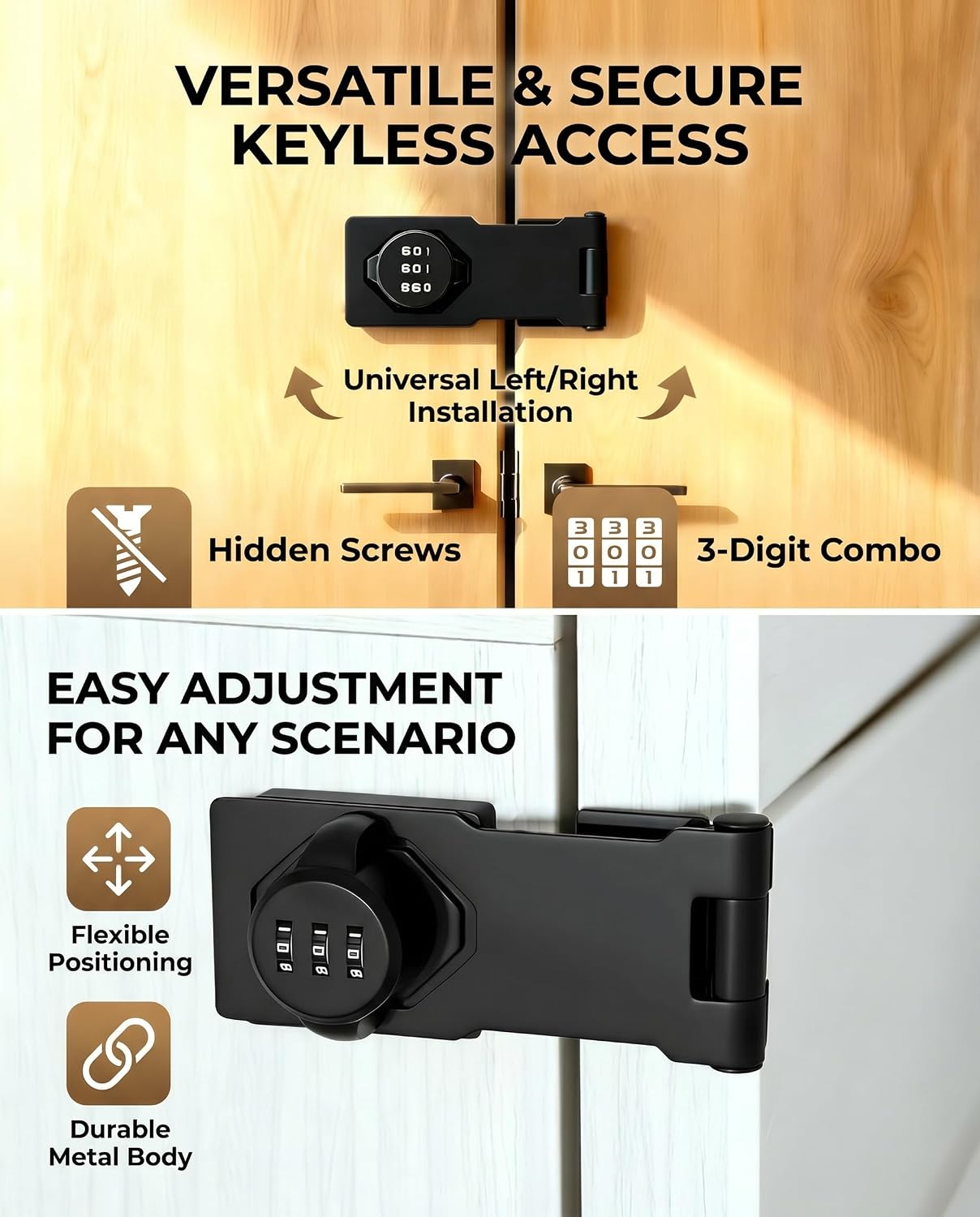 Keyless Combination Lock – 3-Digit Combination Lock for Cabinet Doors – Twist Knob Hasp Latch Lock with Password Code – Zinc Alloy Cabinet Door Latch for Kitchen Drawers, Cupboards (Black)