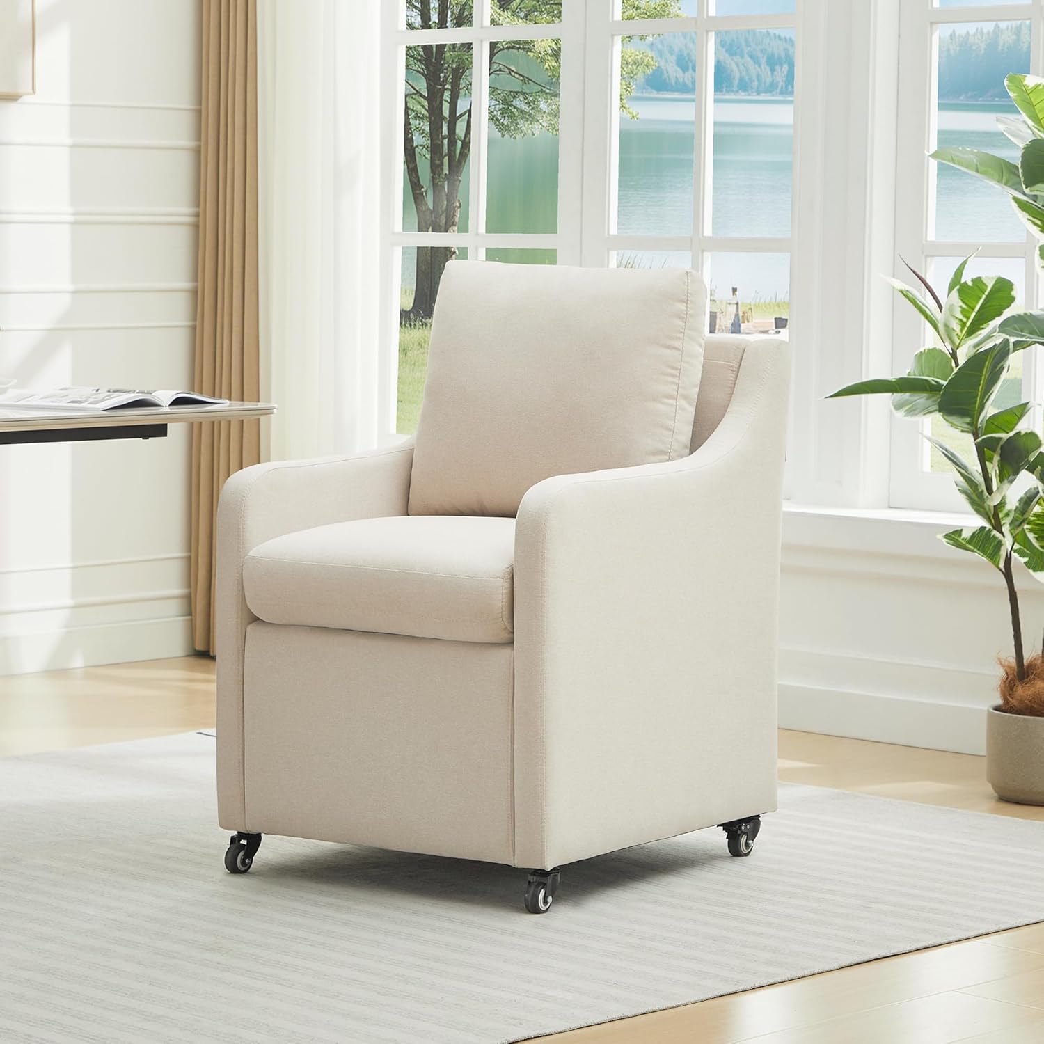 Rolled Dining Chair with Casters, Upholstered Modern Rolling Armchair with Wheels for Kitchen (1, Fabric Beige)
