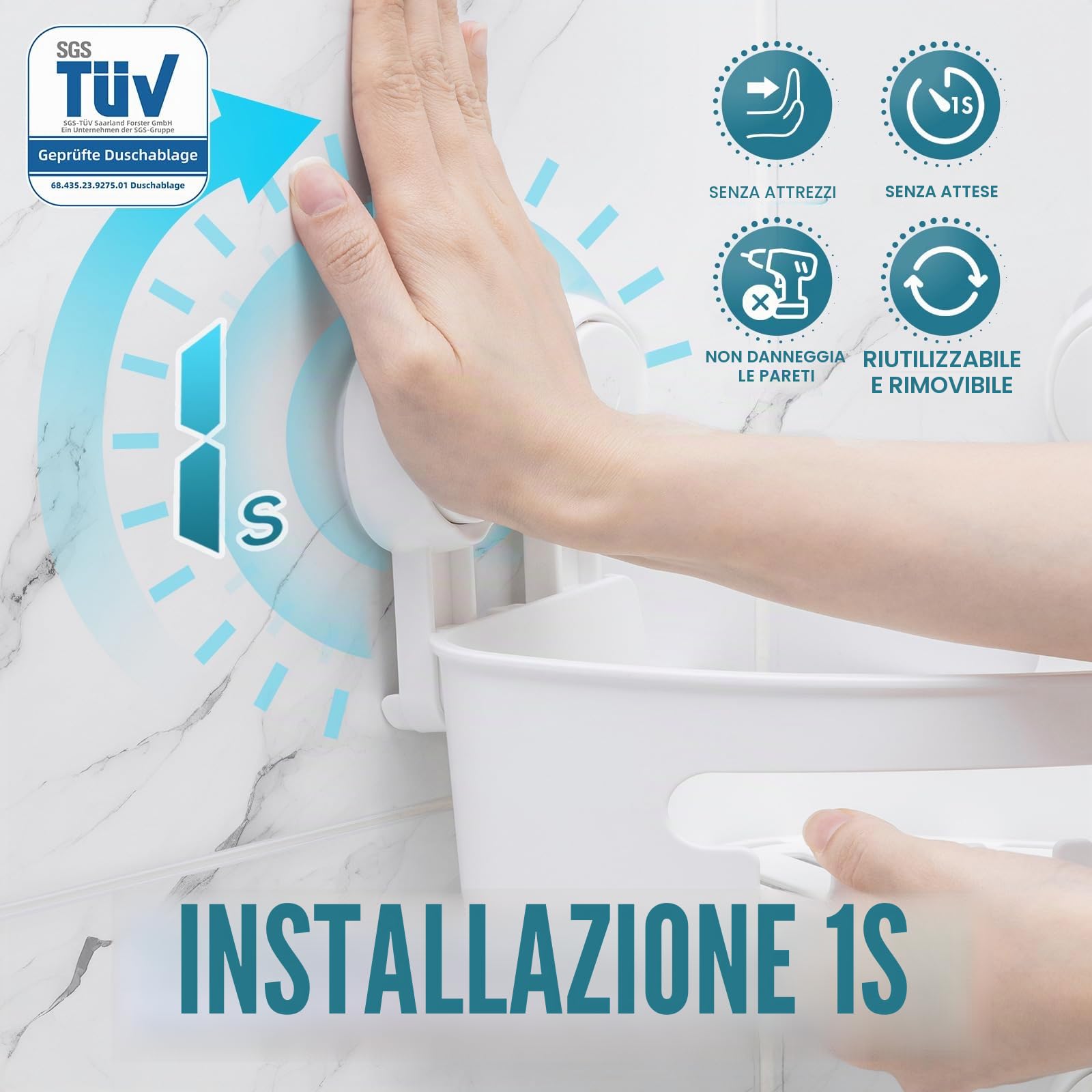 TAILI Mensola angolare per doccia con ventosa, senza foratura, cestello angolare per doccia ad aspirazione, resistente, 10 kg, per bagno e cucina, angolo colore Bianco