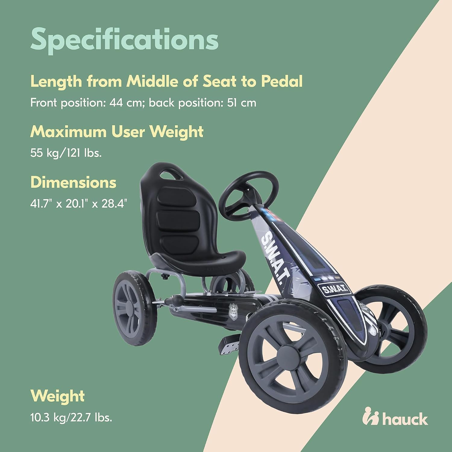 Diagram showing specifications including length, maximum user weight, dimensions, and weight